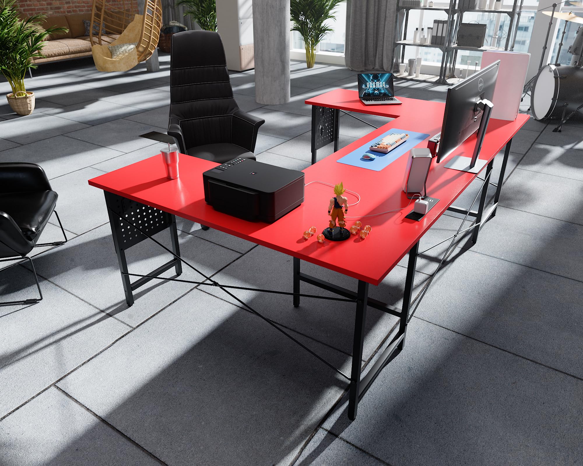 71 Inch Large Computer Desk with Power Outlets,U Shaped Corner Desk for Home Office Work and Gaming Red
