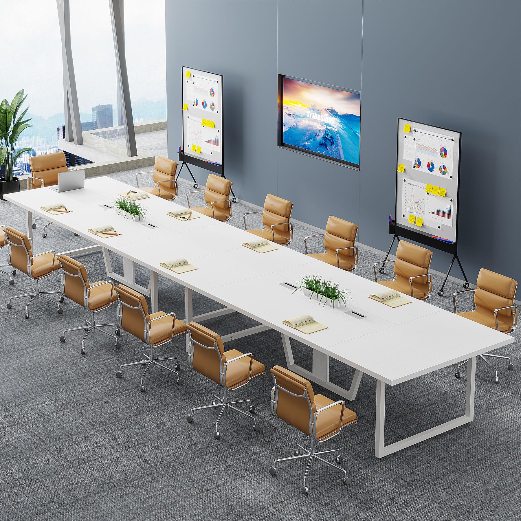 8FT Conference Table Set of 2, Large Meeting Podcast Table for 10 People, Business Style Wooden Training Table with Strong Metal Frame for Office Conference