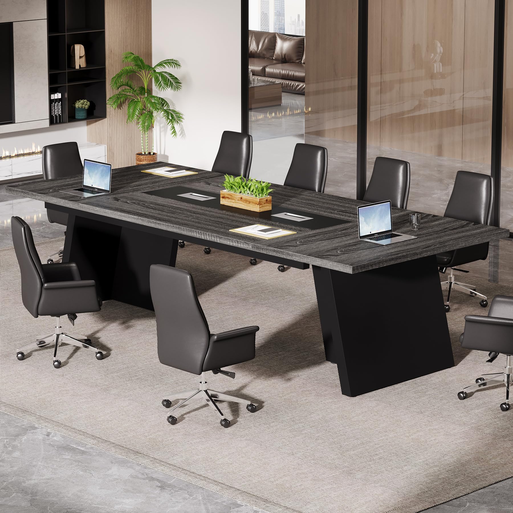 8ft Conference Table, Large Meeting Table for 8-10 People, Business Seminar Furniture for Office Conference Room (1, Grey + Black)