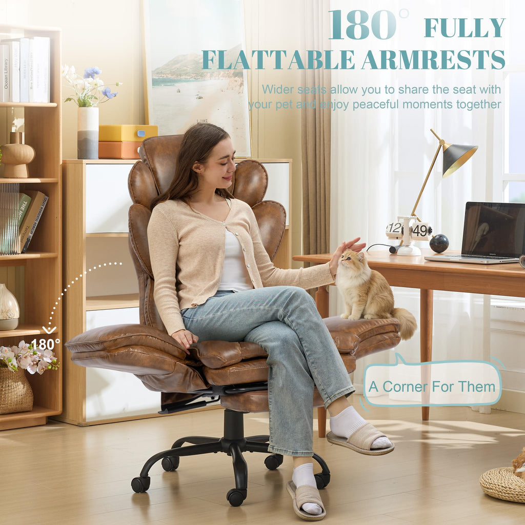 Flip Armrests Criss Cross Office Chair, Reclining Office Chair with Foot Rest, Adjustable Headrest, Massage Waist Pillow, Cross Legged Big and Tall Desk Chair Wide Seat Vanity Chair, PU Leather Brown