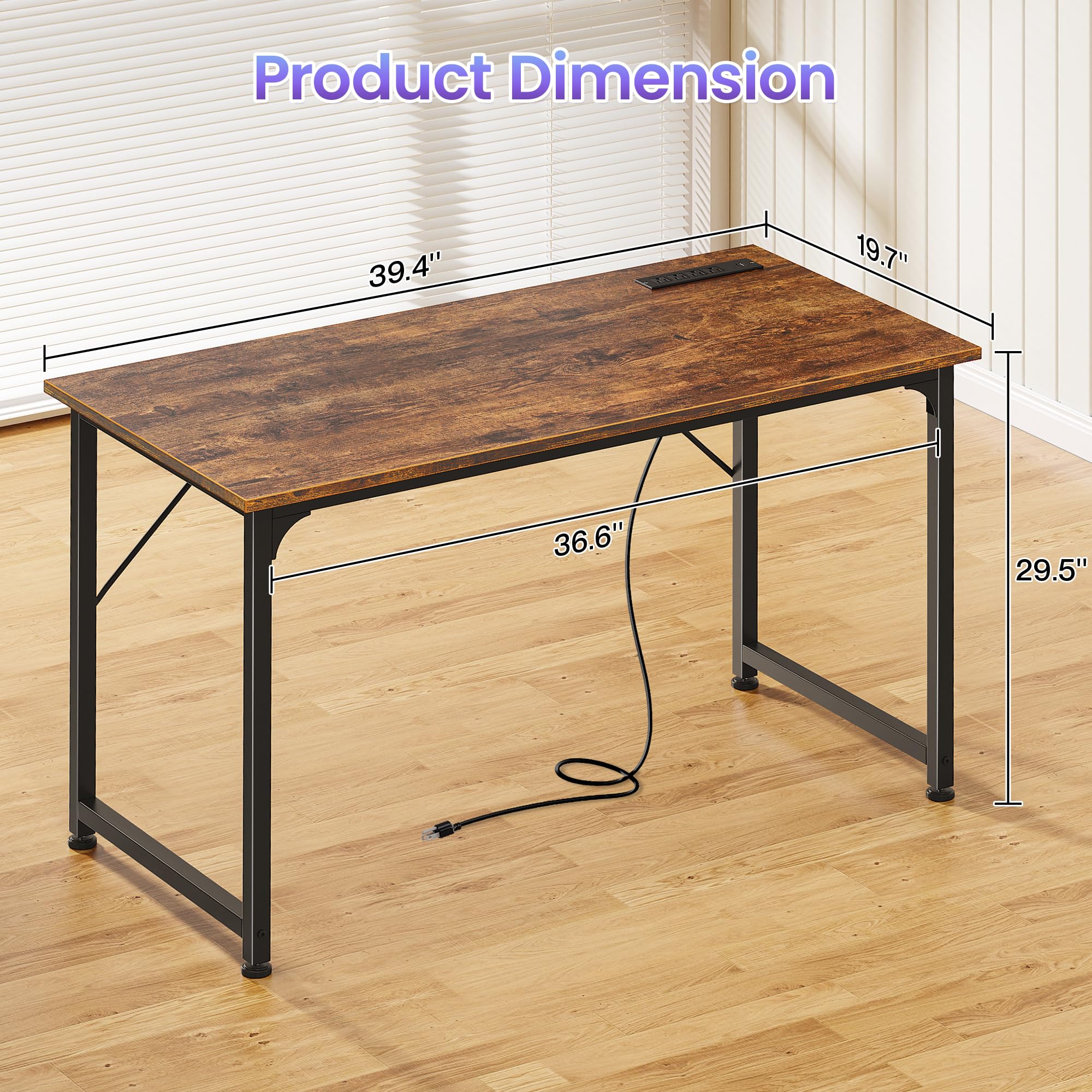 40 X 20 Inch Computer Desk with Power Outlets and USB-C Port, Gaming Office Desk with Deeper Desktop, Writing Work Desk for Home Office, Study, Bedroom, Metal Frame, Rustic Brown