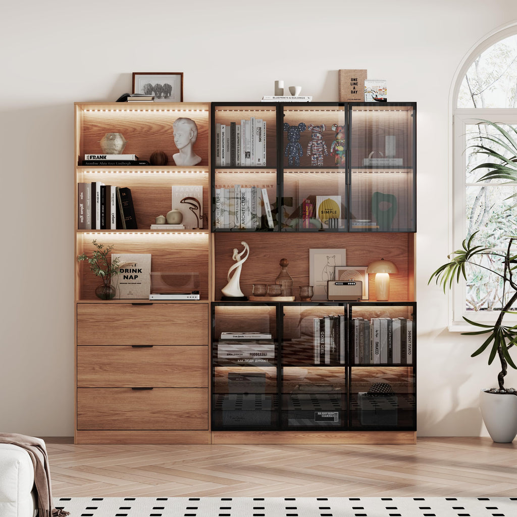 78.7" H Tall Bookcase Storage Cabinet with LED Lights and Drawers, 5 Tier Wood Storage Shelves with Glass Doors, Expandable Bookshelf Display Cabinet for Living Room, Home Office (A+C)