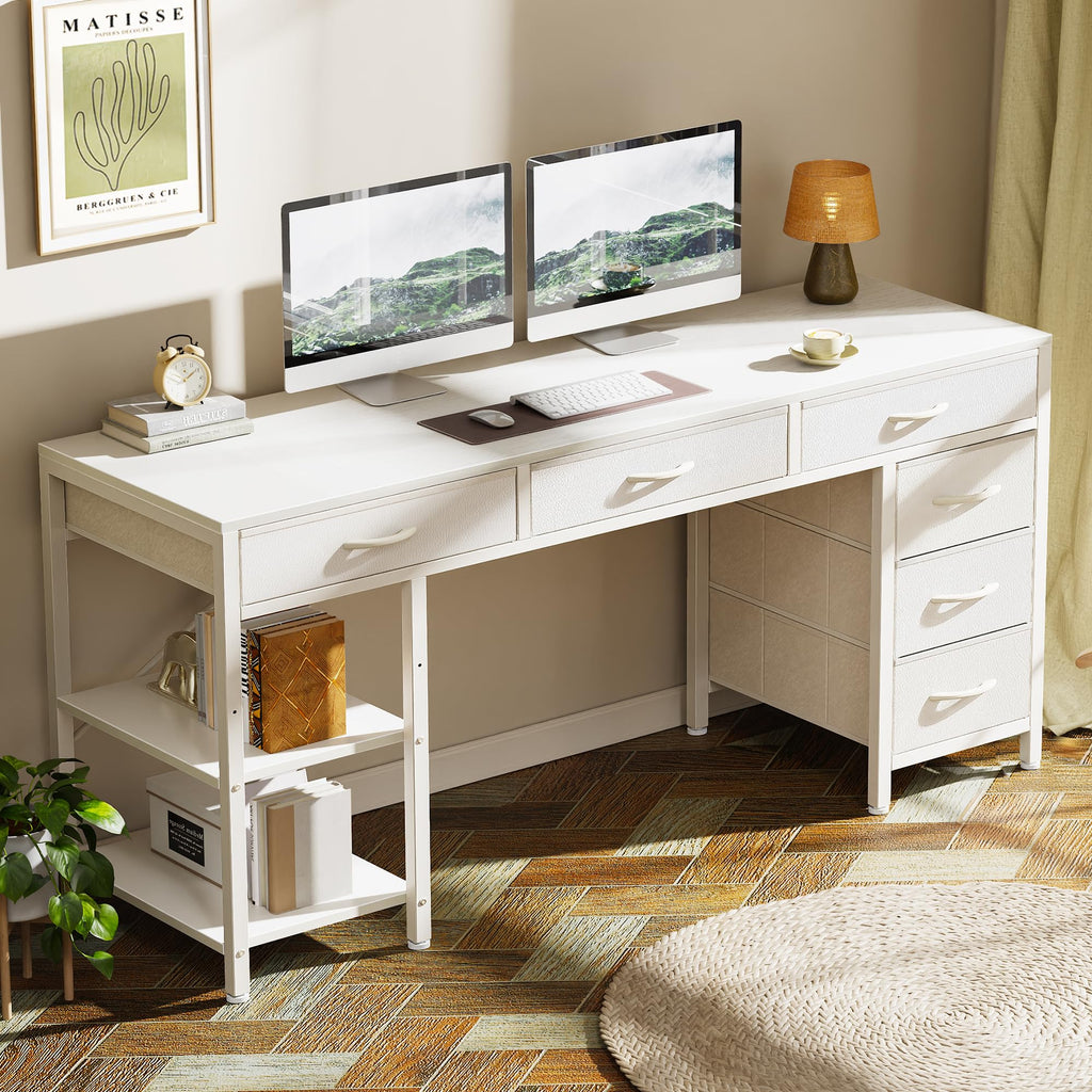 Computer Desk with 6 Drawers, Office Desk with Shelves, Reversible Gaming Desk, Corner Desk with Storage, Work for Home Office, Study, Living Room, 54inch, White