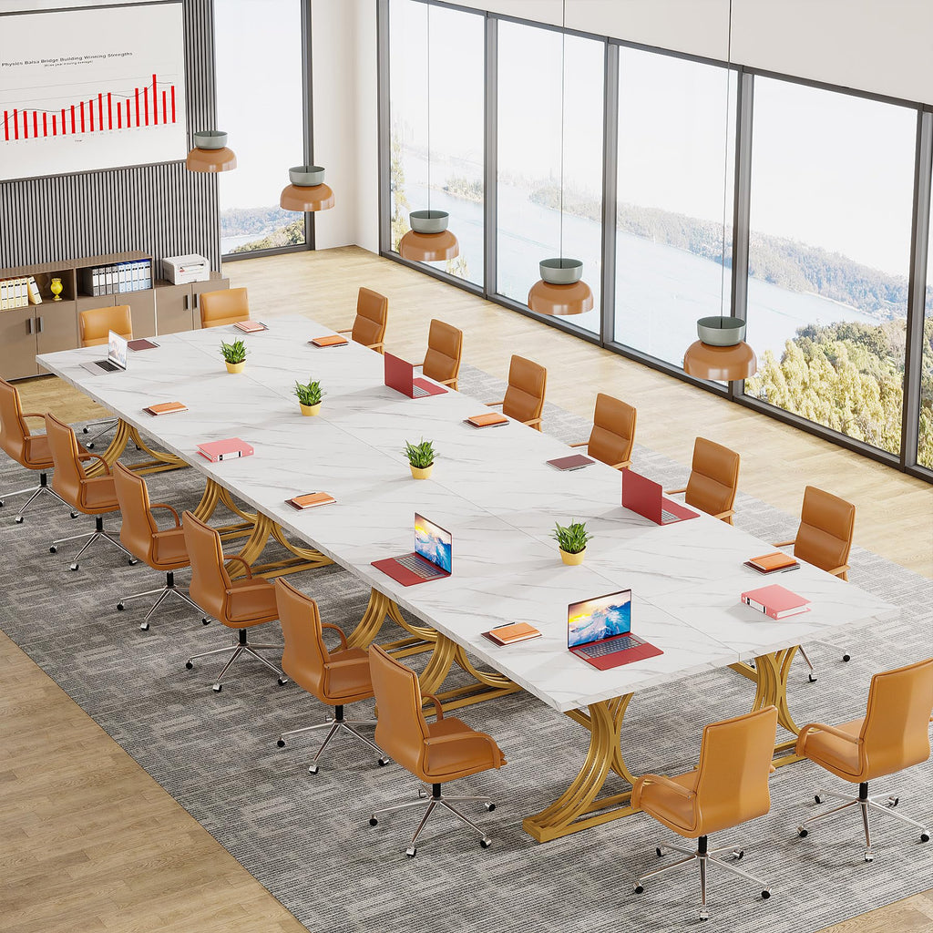 10.5FT Conference Table, Modern Meeting Table for 8-10 People, Rectangle Seminar Boardroom Table for Office Conference Room with Stylish Legs (4, White + Gold)