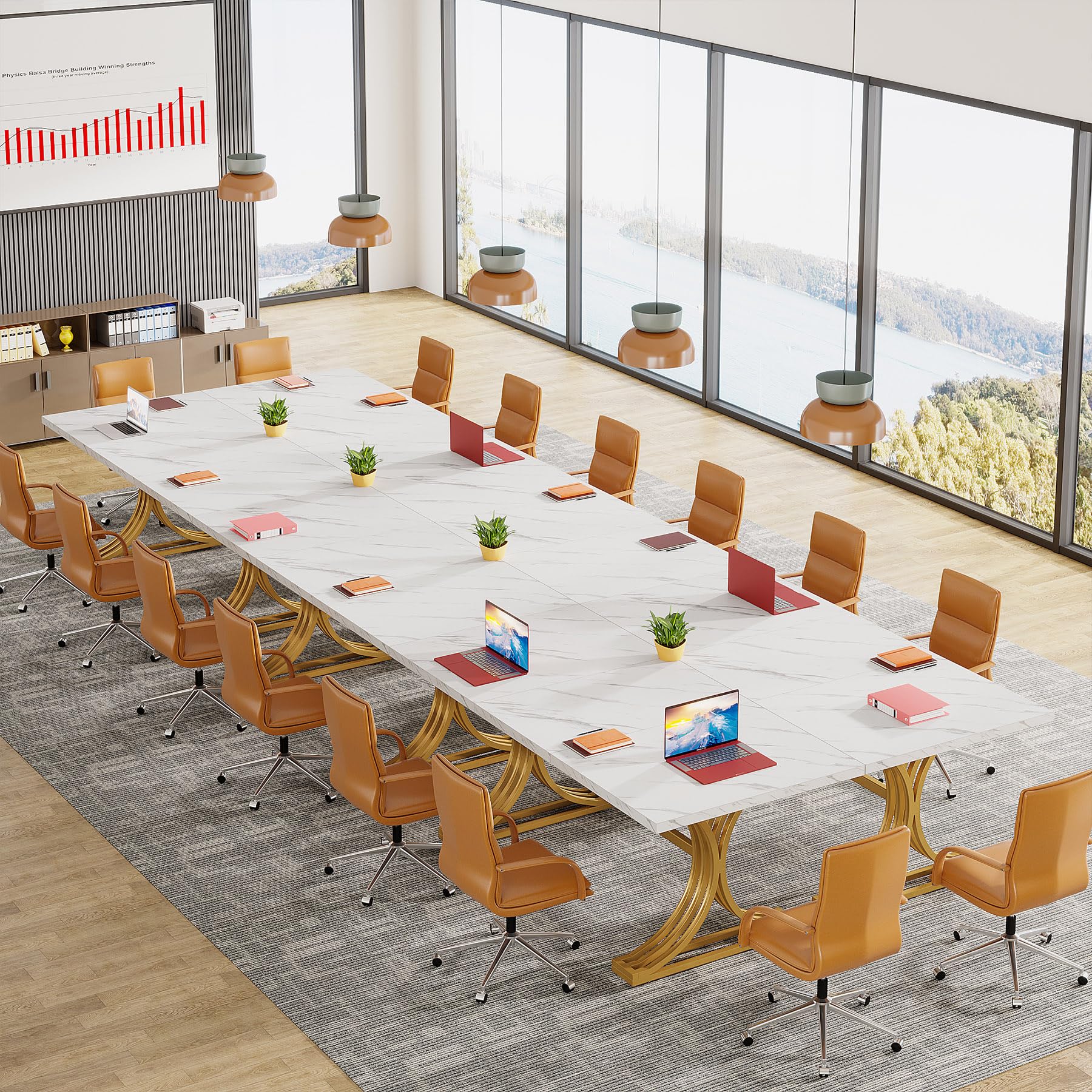 10.5FT Conference Table, Modern Meeting Table for 8-10 People, Rectangle Seminar Boardroom Table for Office Conference Room with Stylish Legs (4, White + Gold)