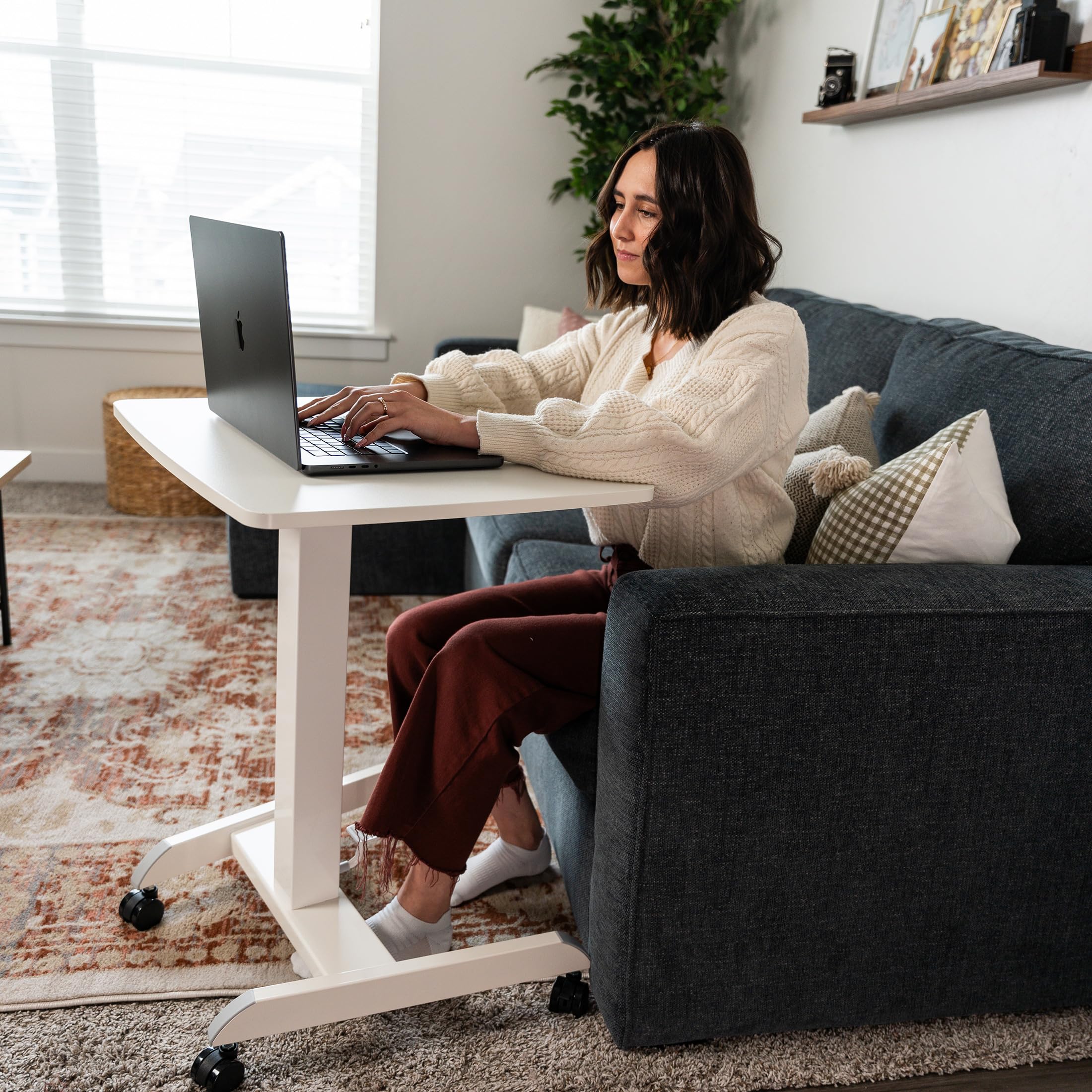 Adjustable Rolling Laptop Desk, Mobile Standing Desk with Wheels, Small Sit-Stand Computer Cart for Home, Office, or Classroom, 29.6–44.2" Height, 23.6"x20.5" Desktop, White