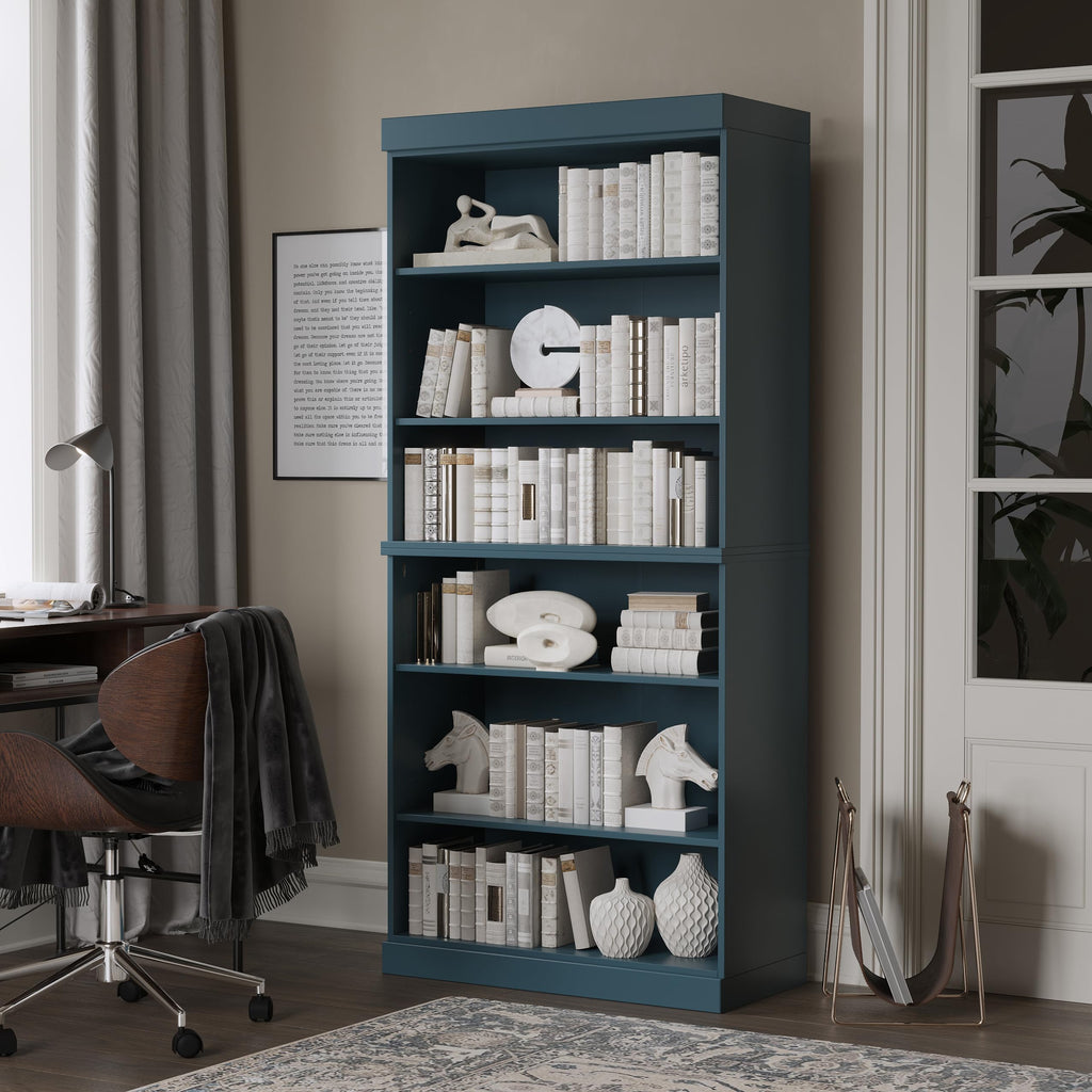 Solid Wood Bookcase - Tall 6-Tier Stackable Modular Bookshelf - 71.5" x 32” W - Teal Blue, Open Display Shelf for Living Room & Office Renewable 100% Eco-Friendly Wood, Made in Brazil