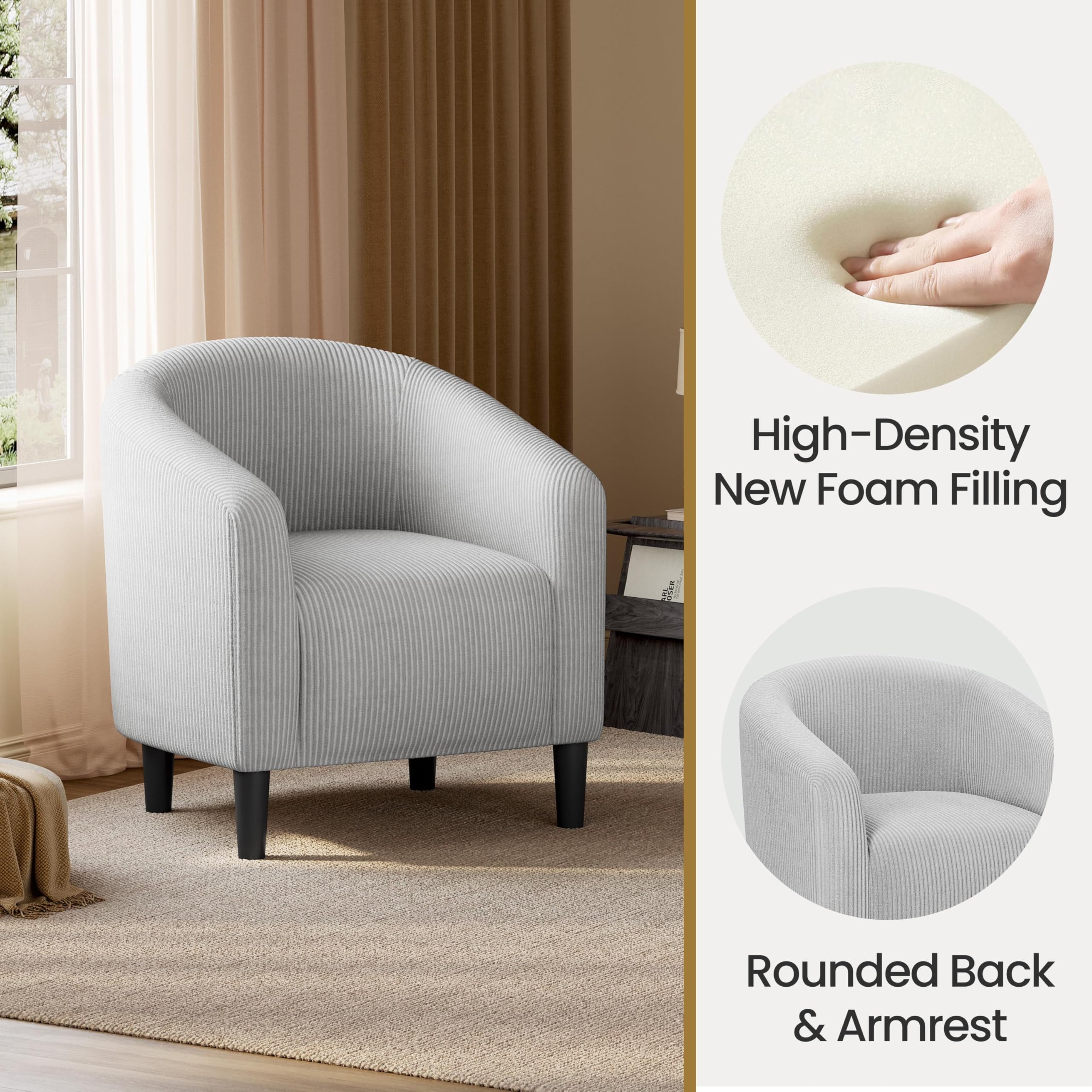 Accent Barrel Chair, Corduroy Fabric Club Chair, Furry Sherpa Elegant Armchair with Cozy Soft Padded for Living Room Bedroom Reception Room Office, Light Gray