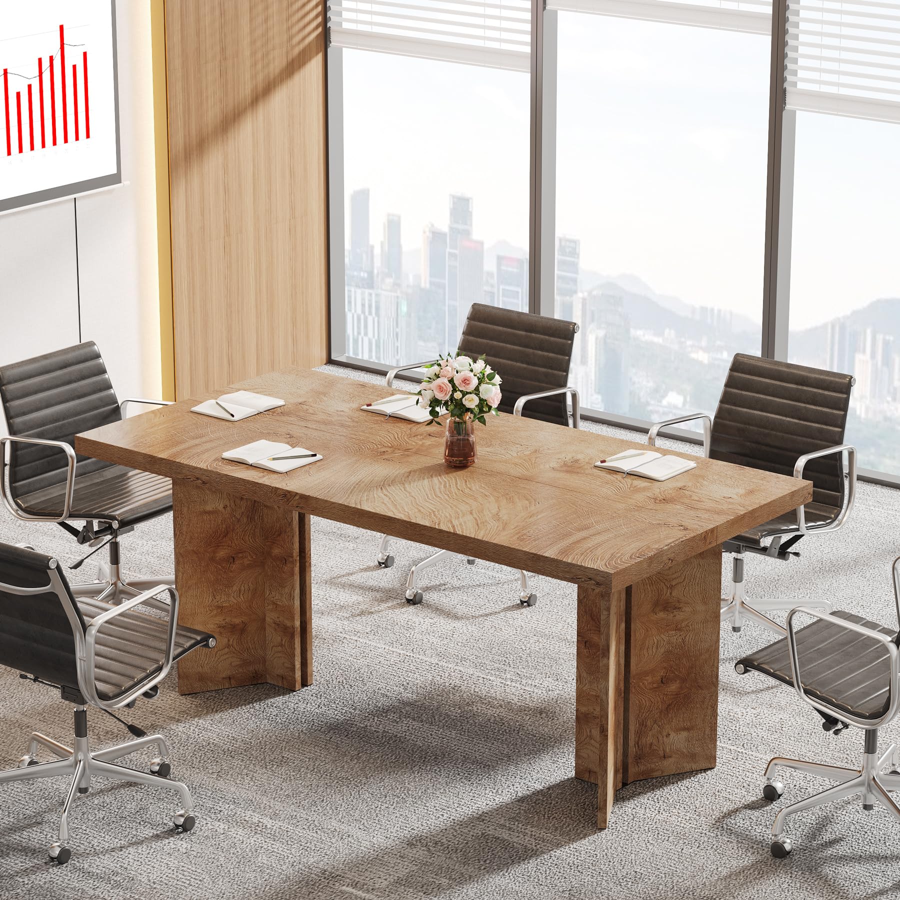 5.5FT Conference Table, 63-inch Rectangle Meeting Seminar Table, Large Oak Brown Business Tables for 4-6 People, Heavy Duty Pedestal (Light Oak Brown)