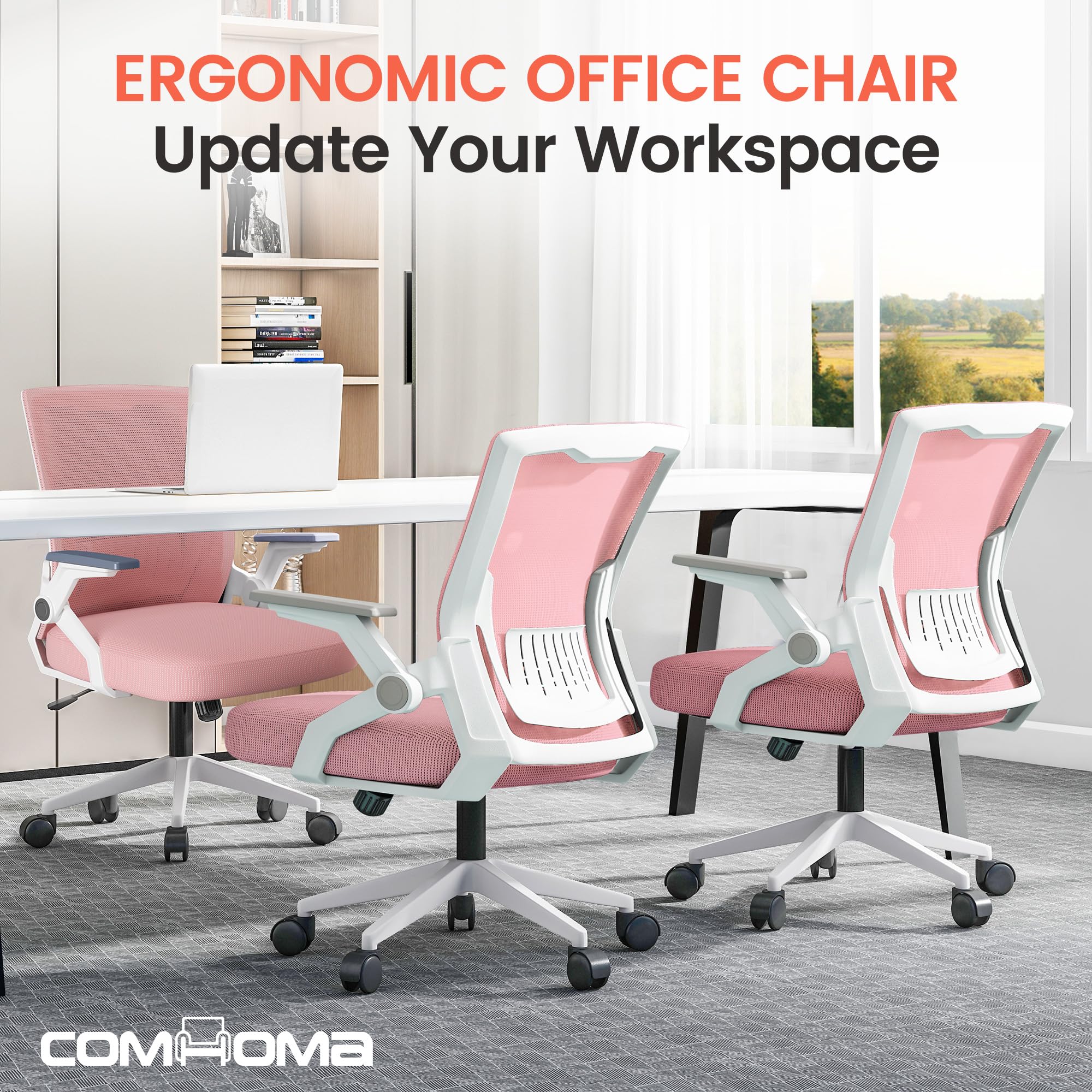Office Chair with Flip-up Armrests Ergonomic Computer Desk Chair with Adaptive Lumbar Support & Breathable Mesh, Pink