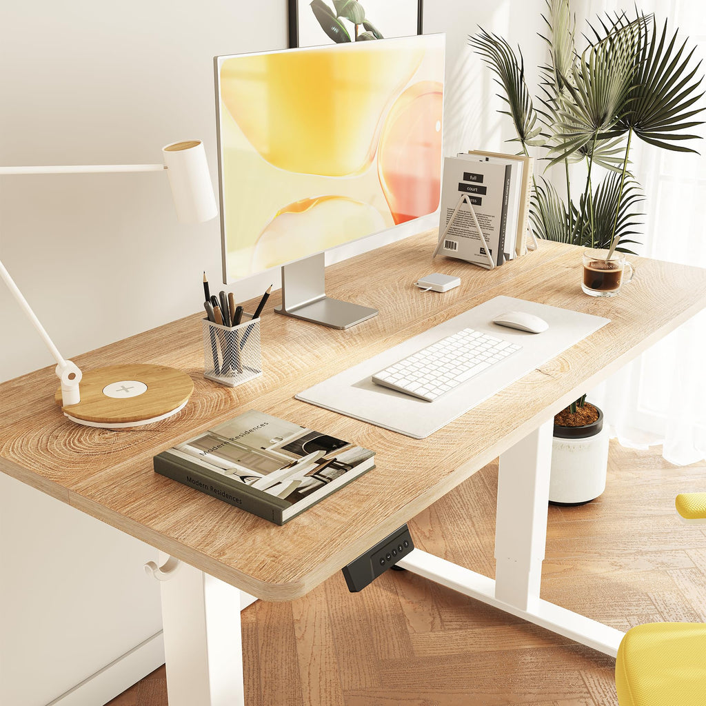 Standing Desk, 55x28 Inches Sit Stand Home Office Desk, Electric Stand up Desk, Adjustable Desk with Splice Board, White Frame/Maple Top