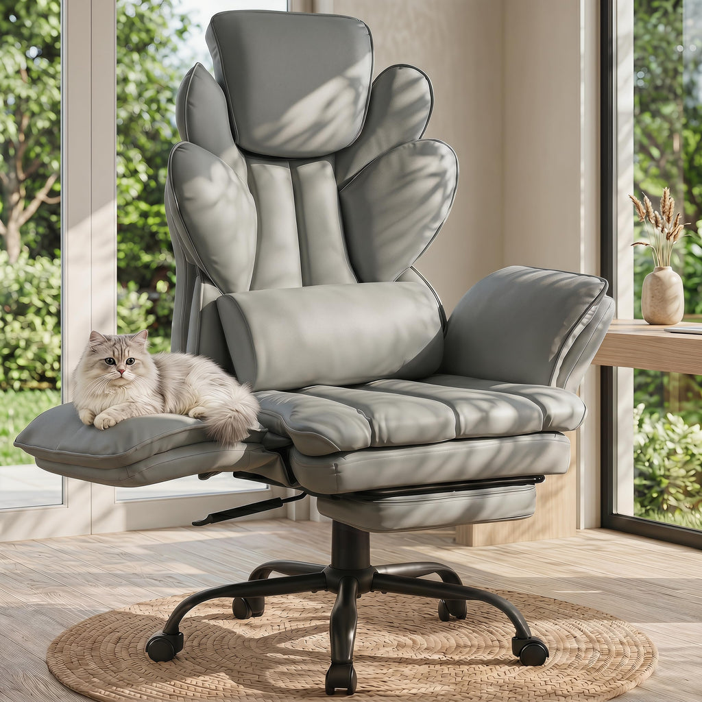 Flip Armrests Criss Cross Office Chair, Reclining Office Chair with Foot Rest, Adjustable Headrest, Massage Waist Pillow, Cross Legged Big and Tall Desk Chair Wide Seat Vanity Chair, PU Leather Grey