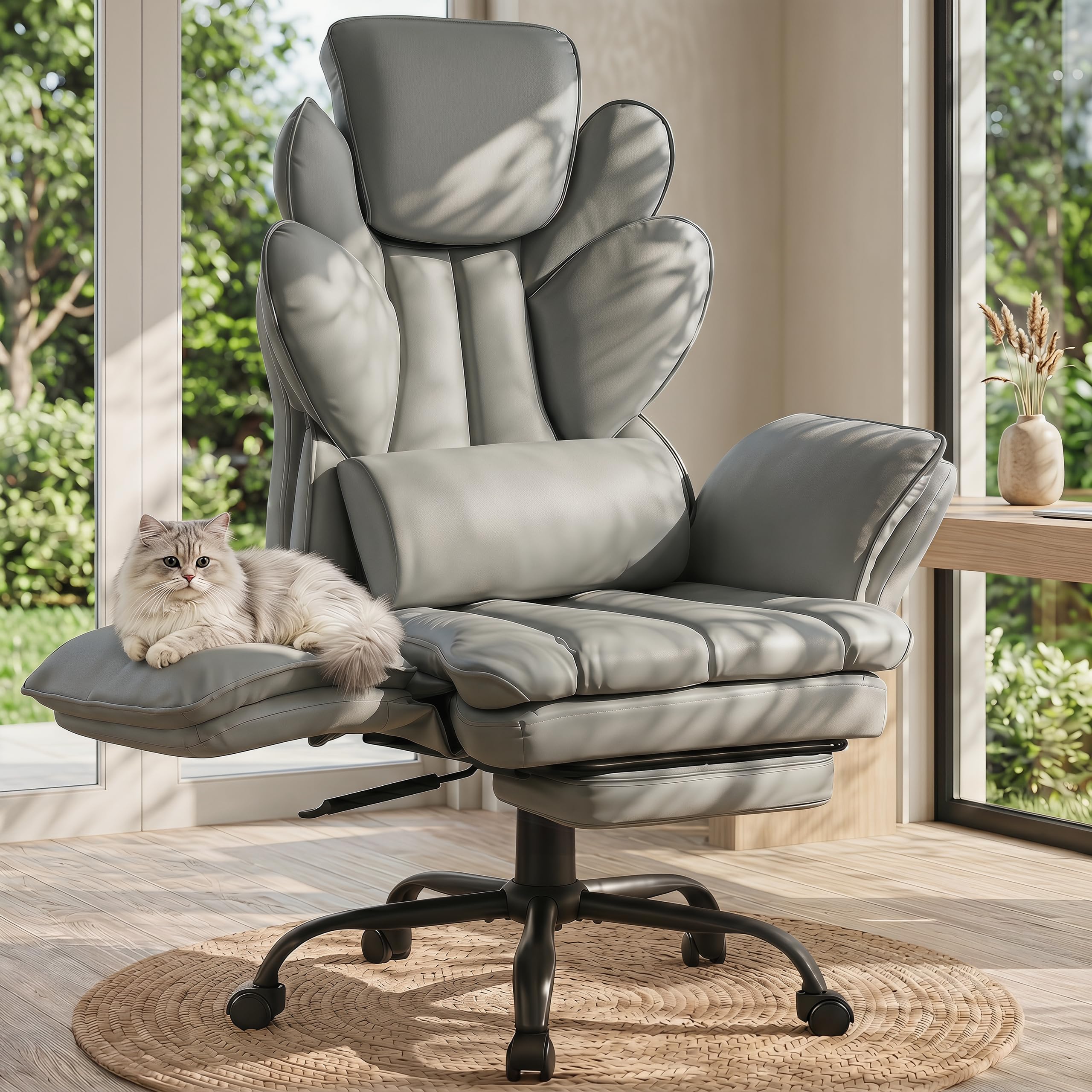 Flip Armrests Criss Cross Office Chair, Reclining Office Chair with Foot Rest, Adjustable Headrest, Massage Waist Pillow, Cross Legged Big and Tall Desk Chair Wide Seat Vanity Chair, PU Leather Grey