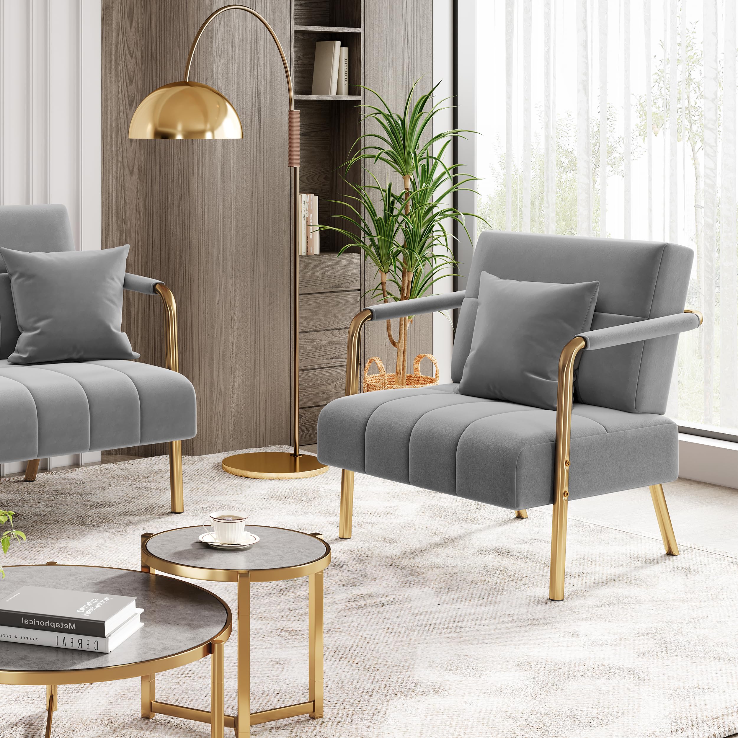 30" W Modern Sofa Small Sofa Luxurious Velvet Fabric Couch with Gold-Tone Metal Arms and Legs for Living Room, Office, Studio Light Gray