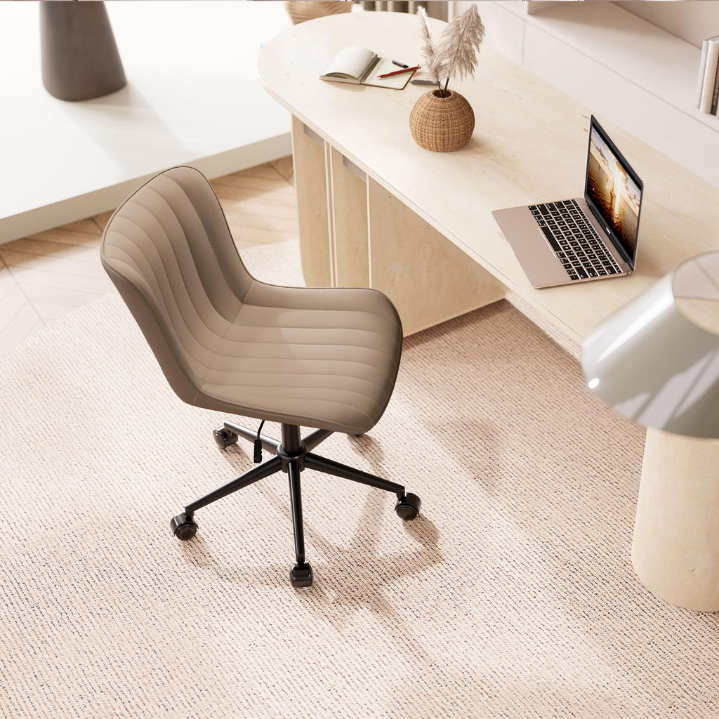 Khaki Comfy Home Office Desk Chair with Wheels Armless Vanity Chair with Back Ergonomic Modern Leather Upholstered Rolling Task Chair Small Cute Sewing Chair No Arms Wide Swivel Adjustable