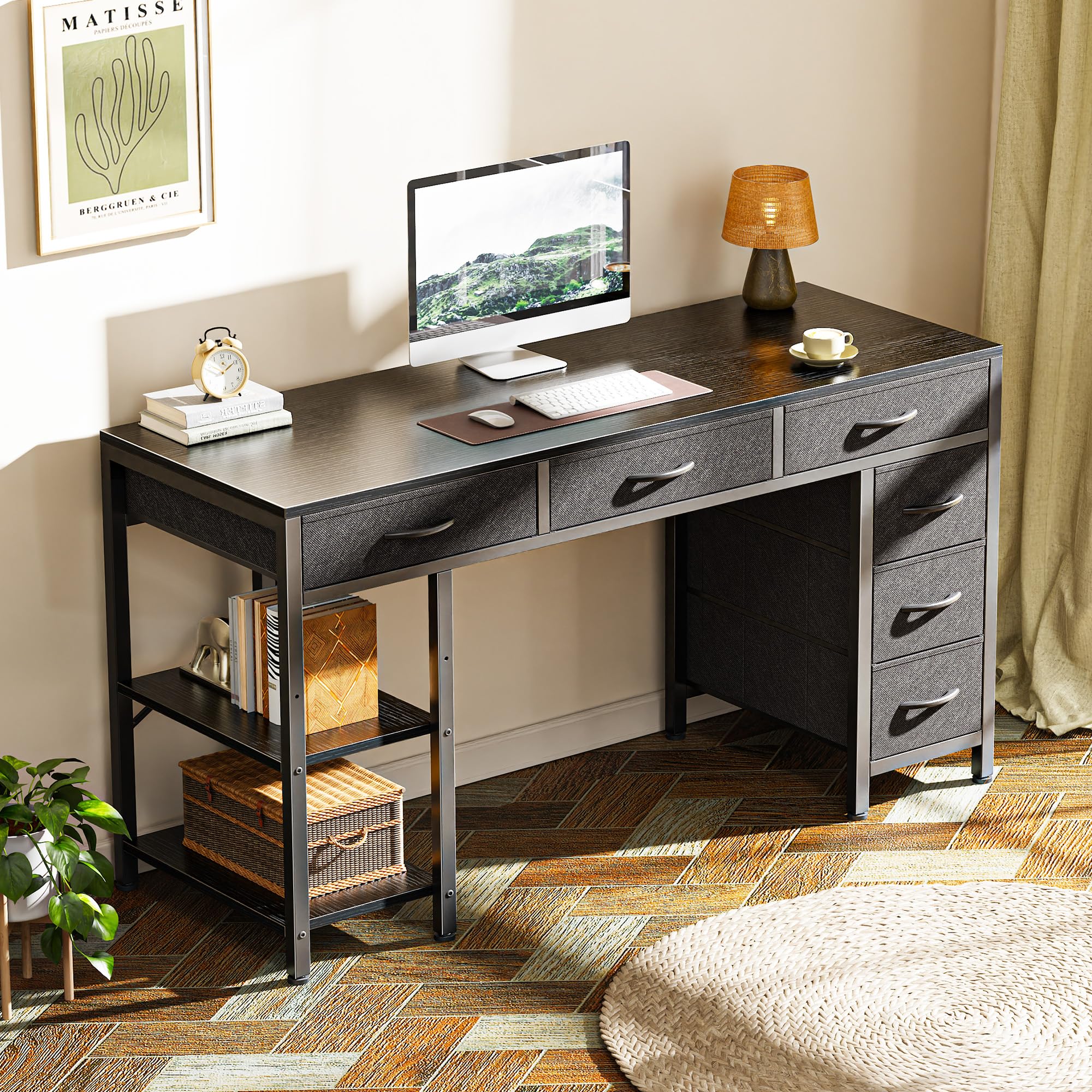Computer Desk with 6 Drawers, Office Desk with Shelves, Reversible Gaming Desk, Corner Desk with Storage, Work for Home Office, Study, Living Room, 47inch, Black