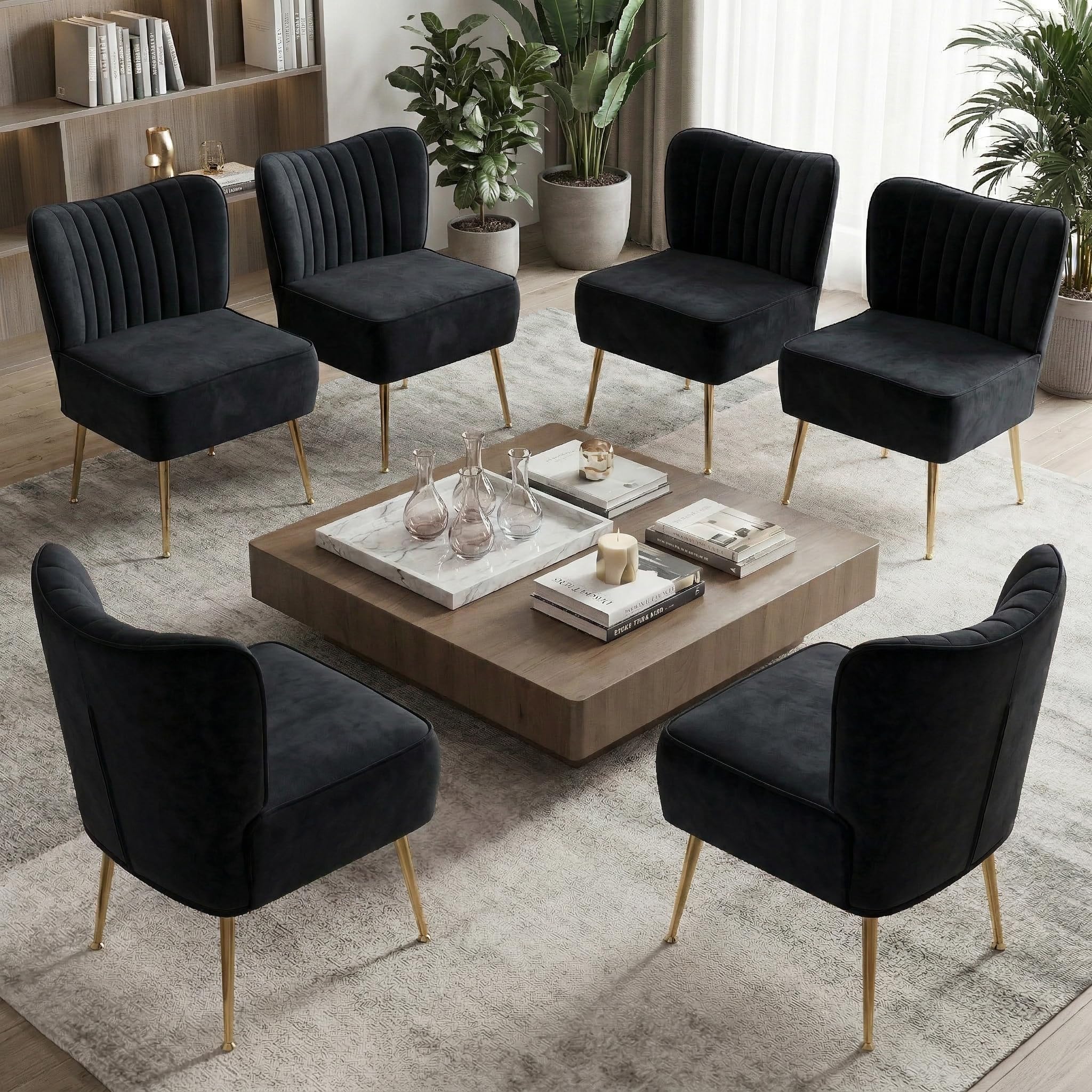 Modern Velvet Accent Chairs Set of 6, Comfy Slipper Chair with Heavy Duty Iron Frame & Gold Legs, Mid Century Side Sofa Chair for Living Room Bedroom Vanity(Black)