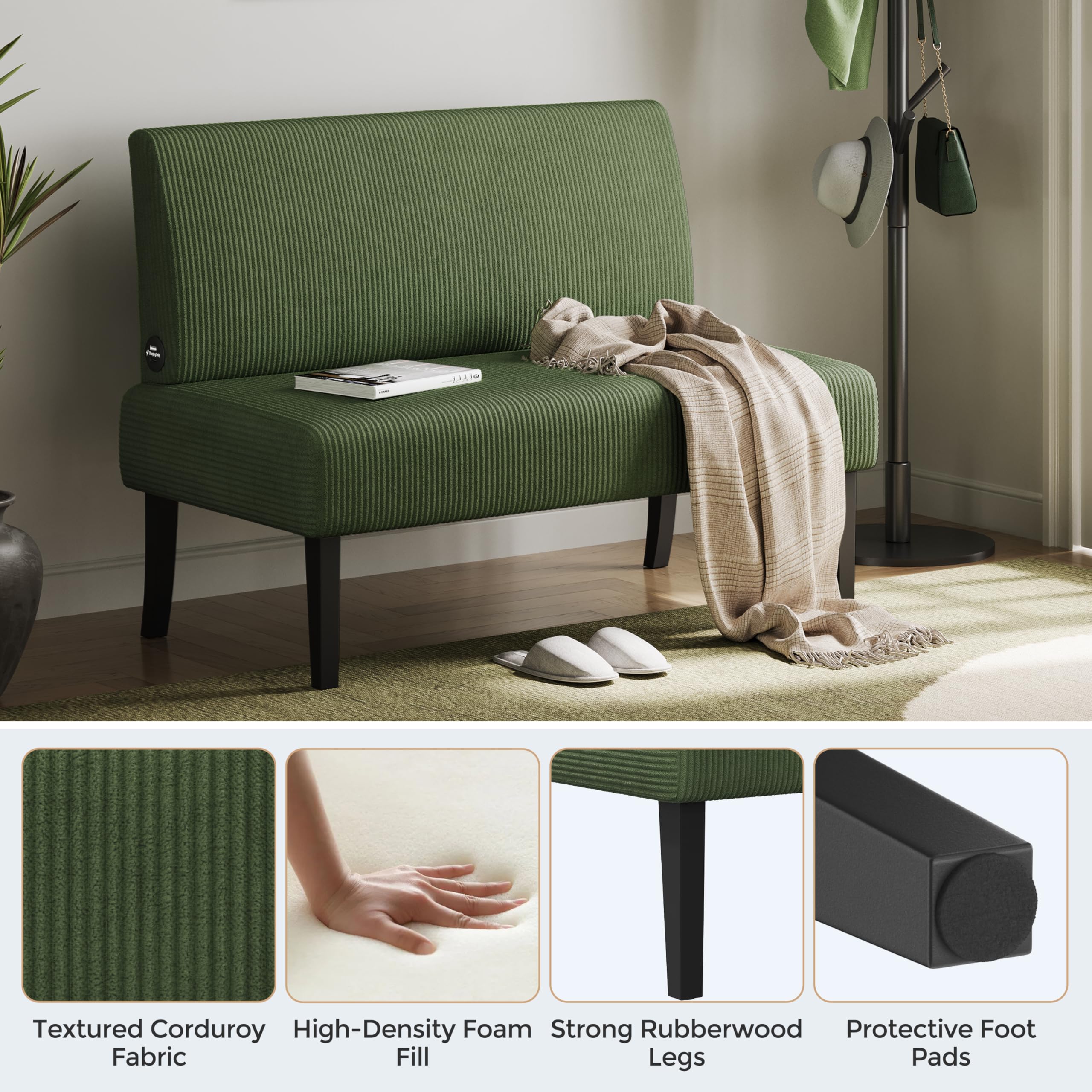 Small Mini Sofa Couch Armless Loveseat, Corduroy Fabric & Easy Assembly, for Small Spaces Office,Living Room,Dorm,Apartment, Green