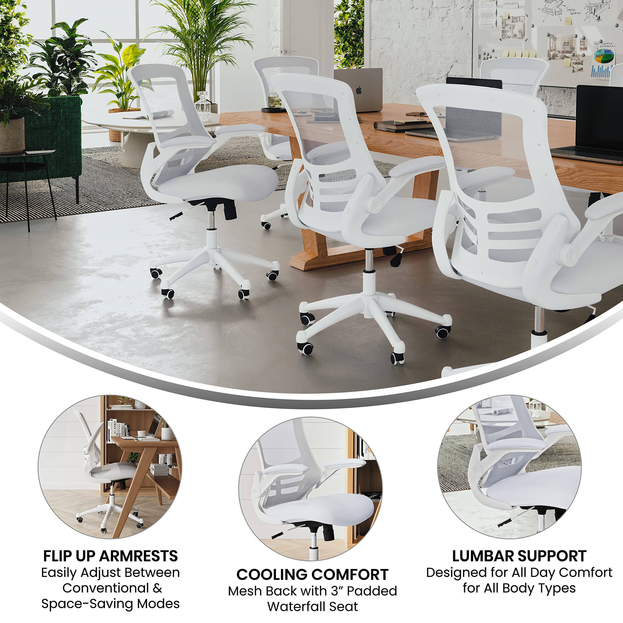 Mid-Back Swivel Office Chair with Adjustable Lumbar Support and Seat Height, Ergonomic Mesh Desk Chair with Flip-Up Armrests, White