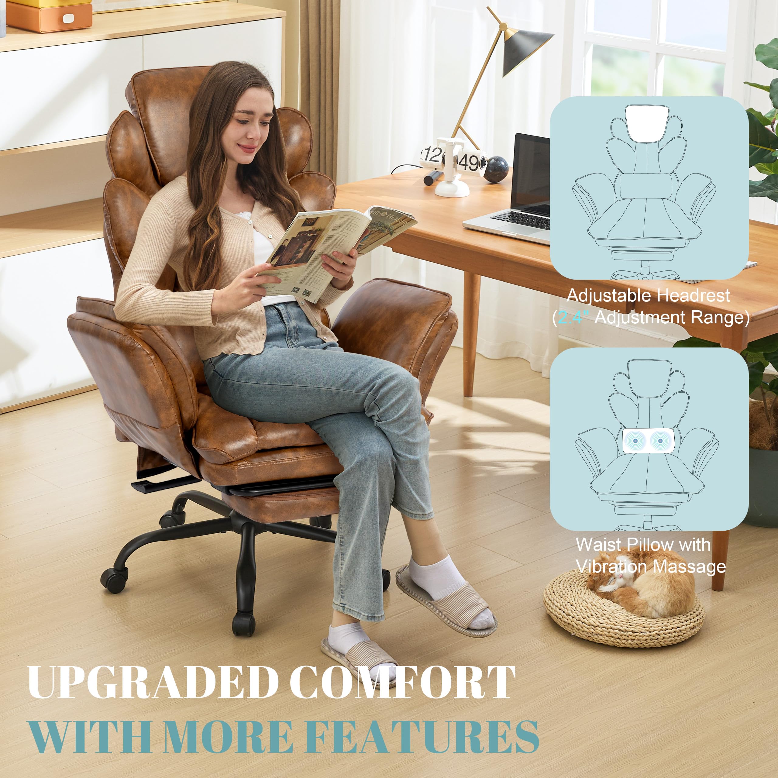 Flip Armrests Criss Cross Office Chair, Reclining Office Chair with Foot Rest, Adjustable Headrest, Massage Waist Pillow, Cross Legged Big and Tall Desk Chair Wide Seat Vanity Chair, PU Leather Brown