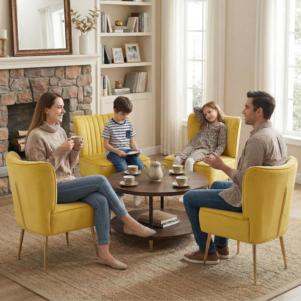 Modern Velvet Accent Chairs Set of 4, Comfy Slipper Chair with Heavy Duty Iron Frame & Gold Legs, Mid Century Side Sofa Chair for Living Room Bedroom Vanity(Yellow)