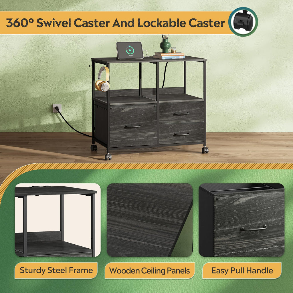 3 Drawer Mobile File Cabinet with Storage Shelf, Charging Station