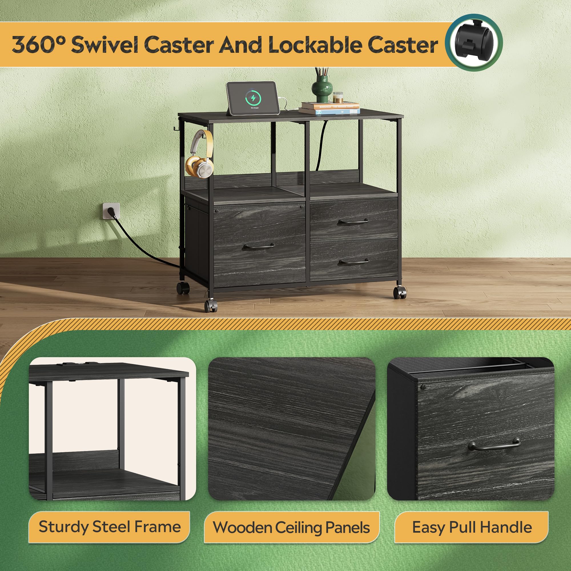 3 Drawer Mobile File Cabinet with Storage Shelf, Charging Station