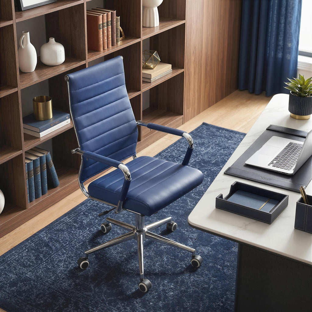 Navy Blue Office Desk Chair, Ergonomic Leather Modern Conference Room Chairs, Executive Ribbed Height Adjustable Swivel Rolling Chair for Home Office.