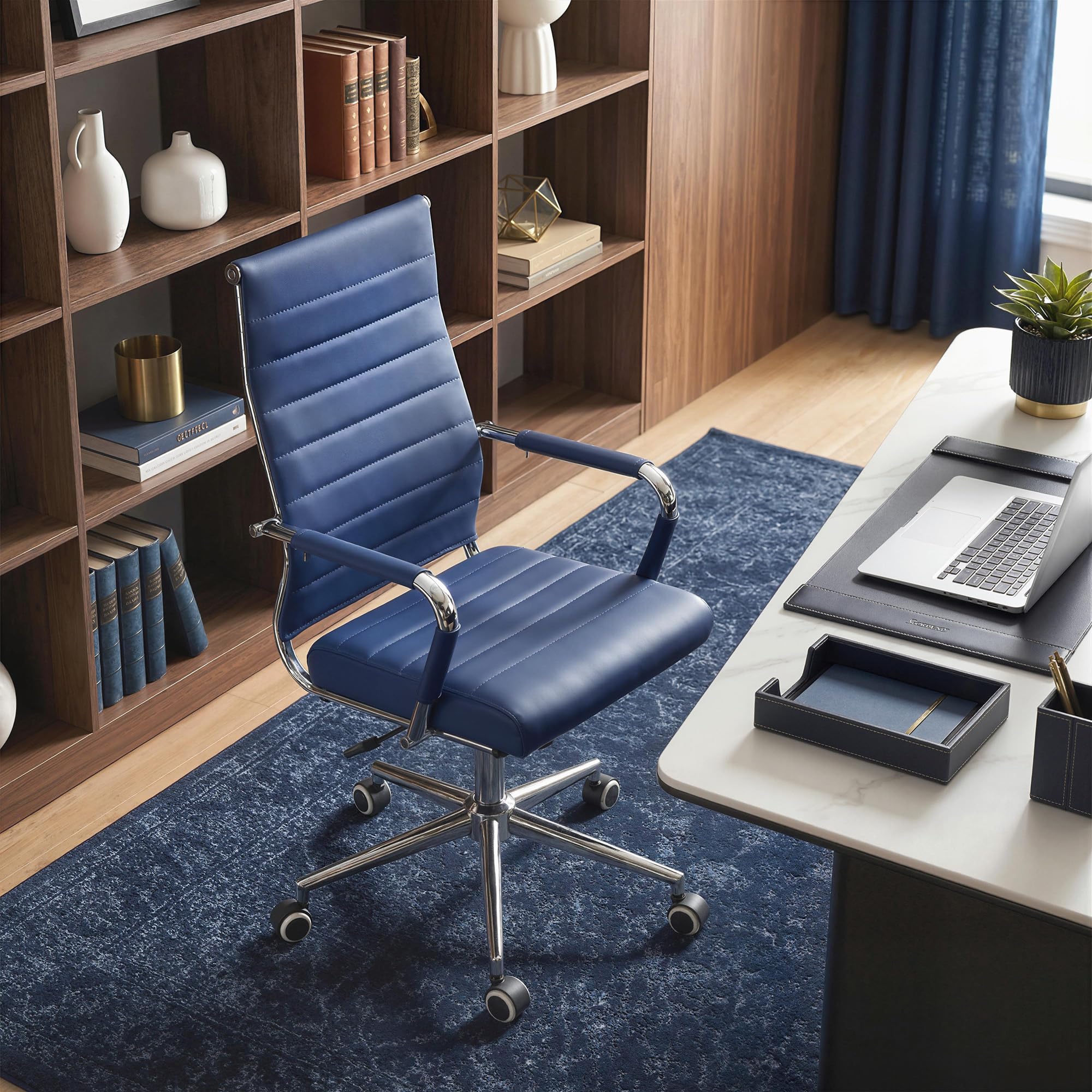 Navy Blue Office Desk Chair, Ergonomic Leather Modern Conference Room Chairs, Executive Ribbed Height Adjustable Swivel Rolling Chair for Home Office.