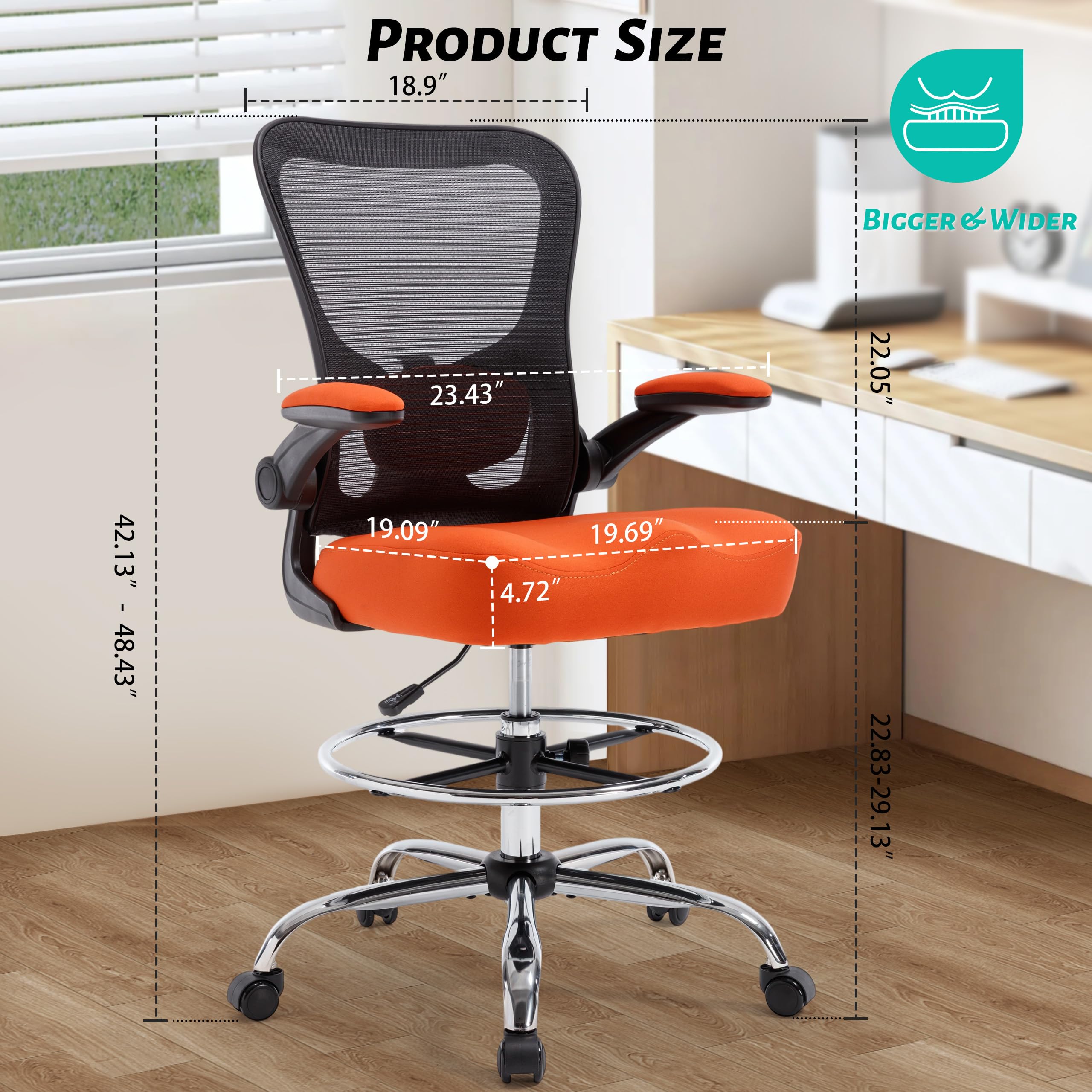 500LBS Ergonomic Drafting Chair Tall Office Chair for Counter Height or Standing Desk, Executive High Office Chairs with W-Shaped Thick Seat Cushion, Footrest Ring & Breathable Mesh, Orange