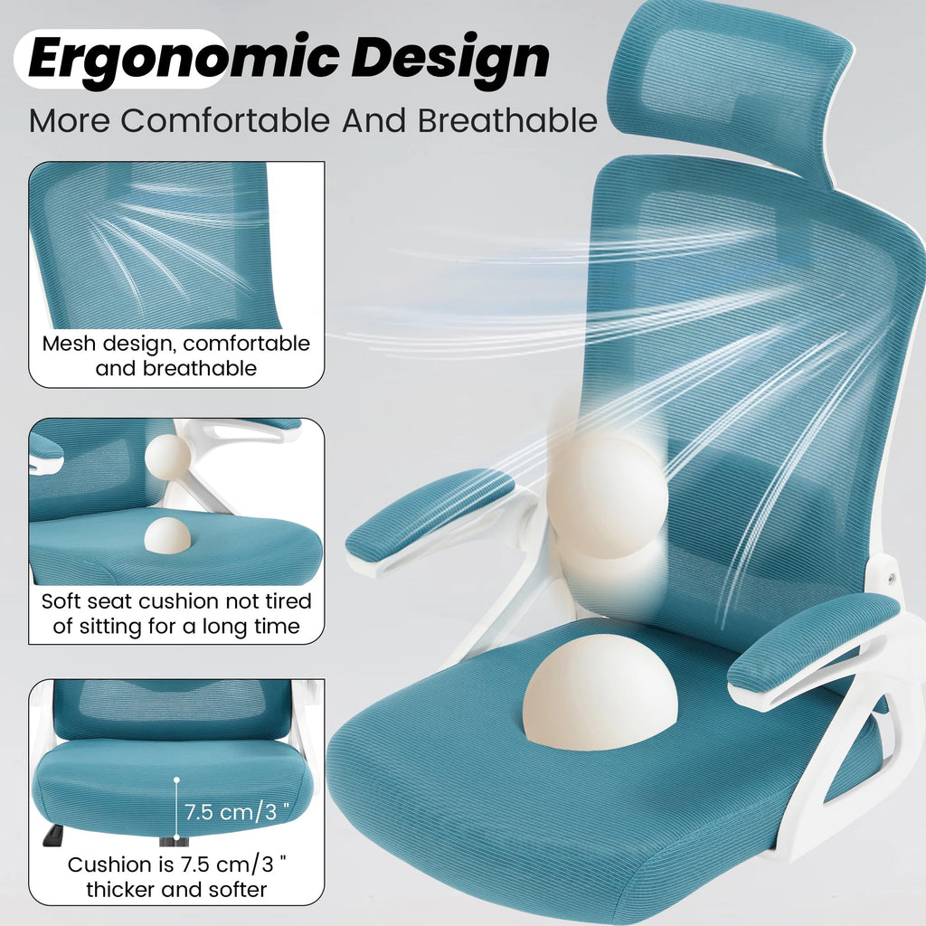 Ergonomic Office Chair, 400 LBS Computer Chairs with Adjustable Lumbar Support, Breathable Mesh Desk Chair Ergonomic with Thickened Cushion, Comfy Home Office Desk Chair (Lake Blue)