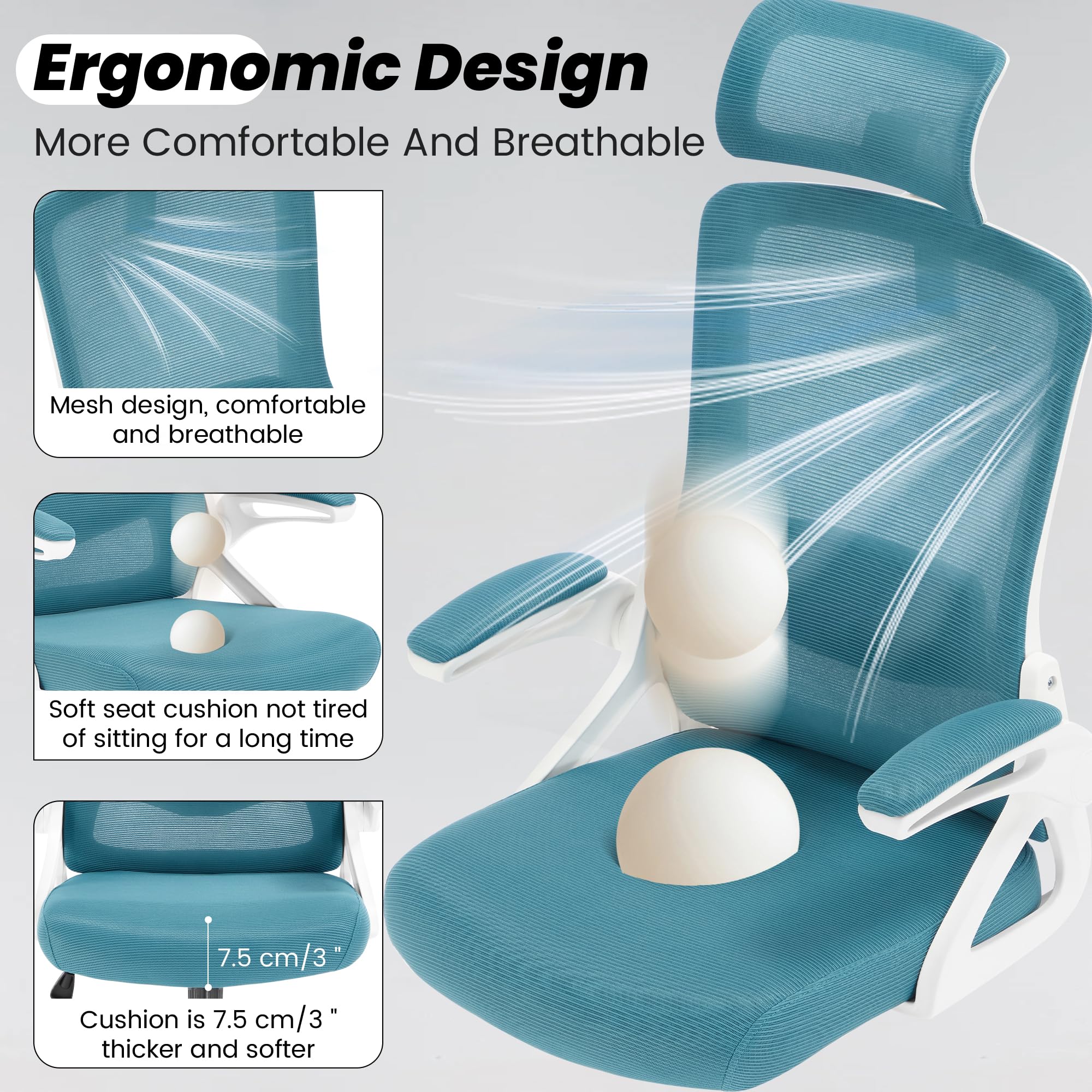 Ergonomic Office Chair, 400 LBS Computer Chairs with Adjustable Lumbar Support, Breathable Mesh Desk Chair Ergonomic with Thickened Cushion, Comfy Home Office Desk Chair (Lake Blue)