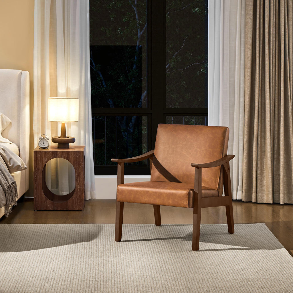 PU Leather Accent Chair, Mid-Century Modern Armchair with Solid Wood Legs, Reading Leisure Chair with High Back for Living Room Bedroom Waiting Room, Brown