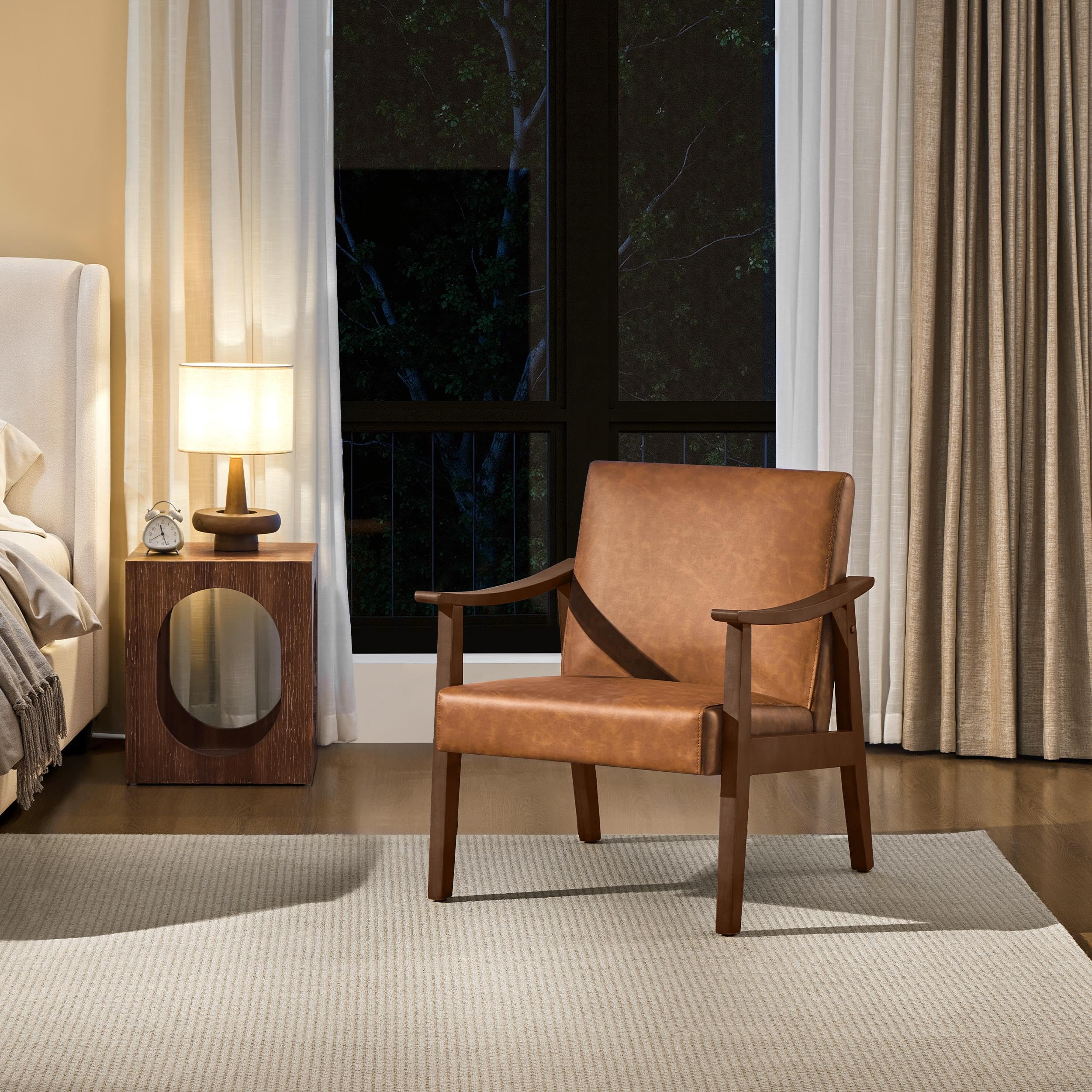 PU Leather Accent Chair, Mid-Century Modern Armchair with Solid Wood Legs, Reading Leisure Chair with High Back for Living Room Bedroom Waiting Room, Brown
