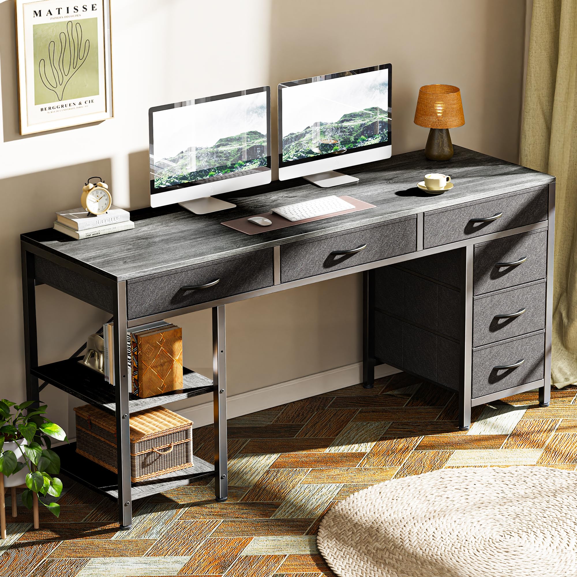 Computer Desk with 6 Drawers, Office Desk with Shelves, Reversible Gaming Desk, Corner Desk with Storage, Work for Home Office, Study, Living Room, 54inch, Grey