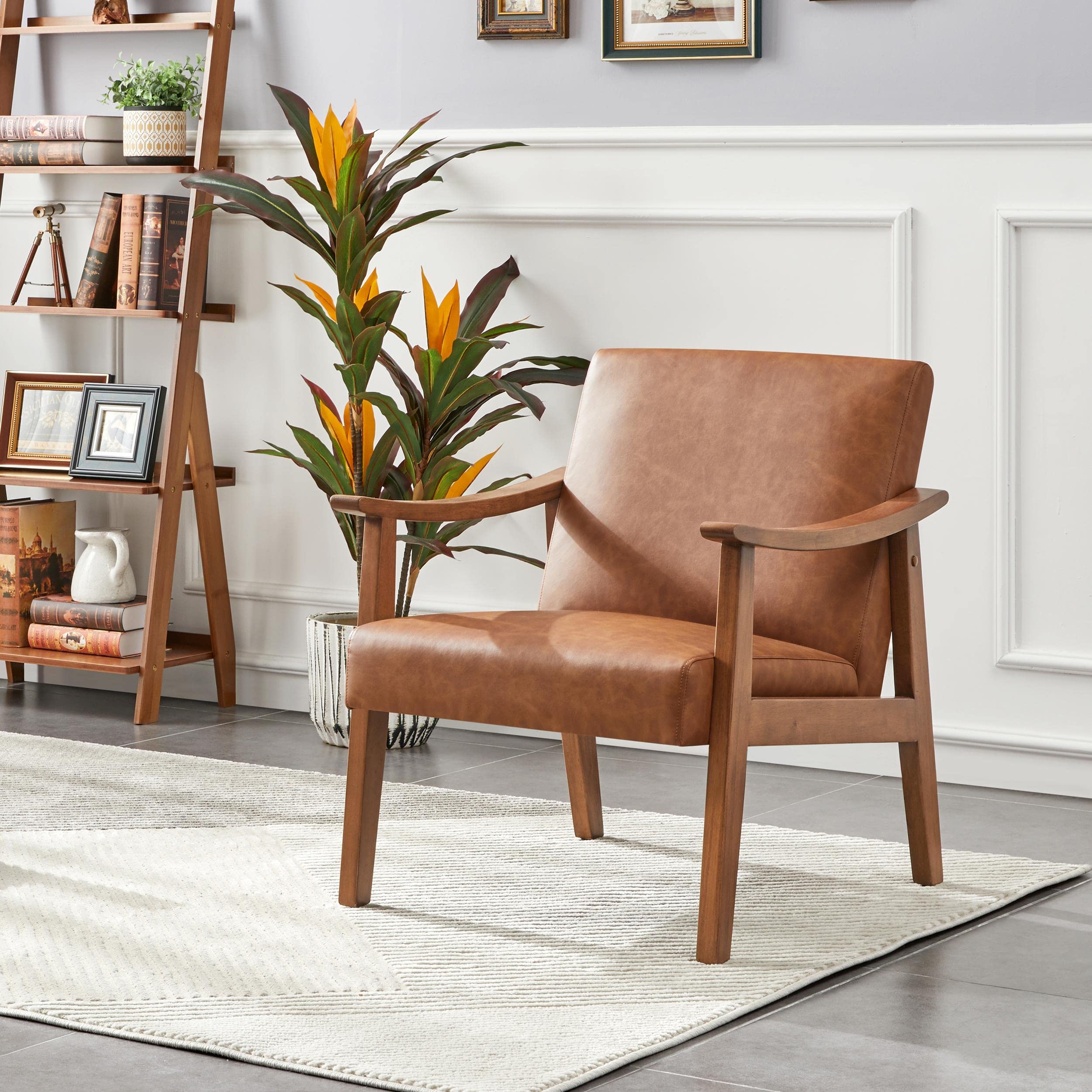 PU Leather Accent Chair, Mid-Century Modern Armchair with Solid Wood Legs, Reading Leisure Chair with High Back for Living Room Bedroom Waiting Room, Light Brown