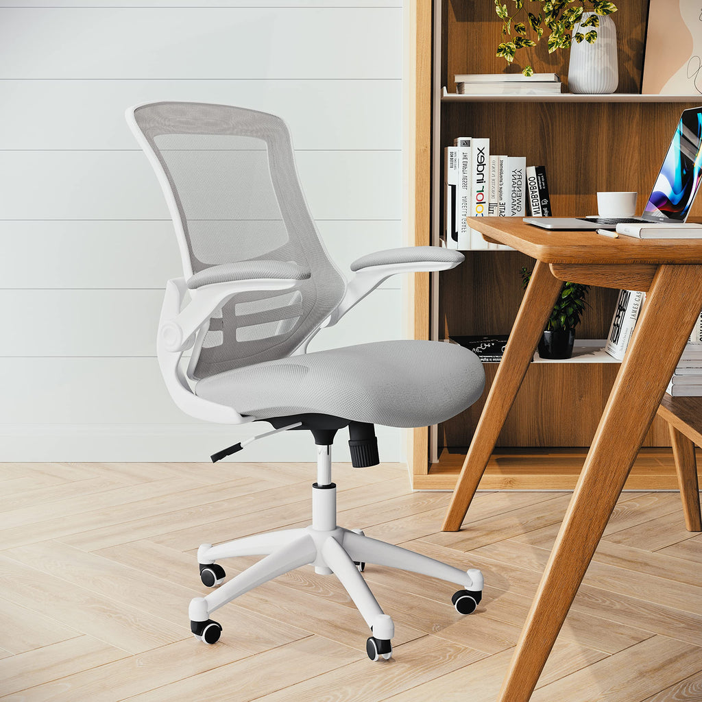 Mid-Back Swivel Office Chair with Adjustable Lumbar Support and Seat Height, Ergonomic Mesh Desk Chair with Flip-Up Armrests, Gray/White