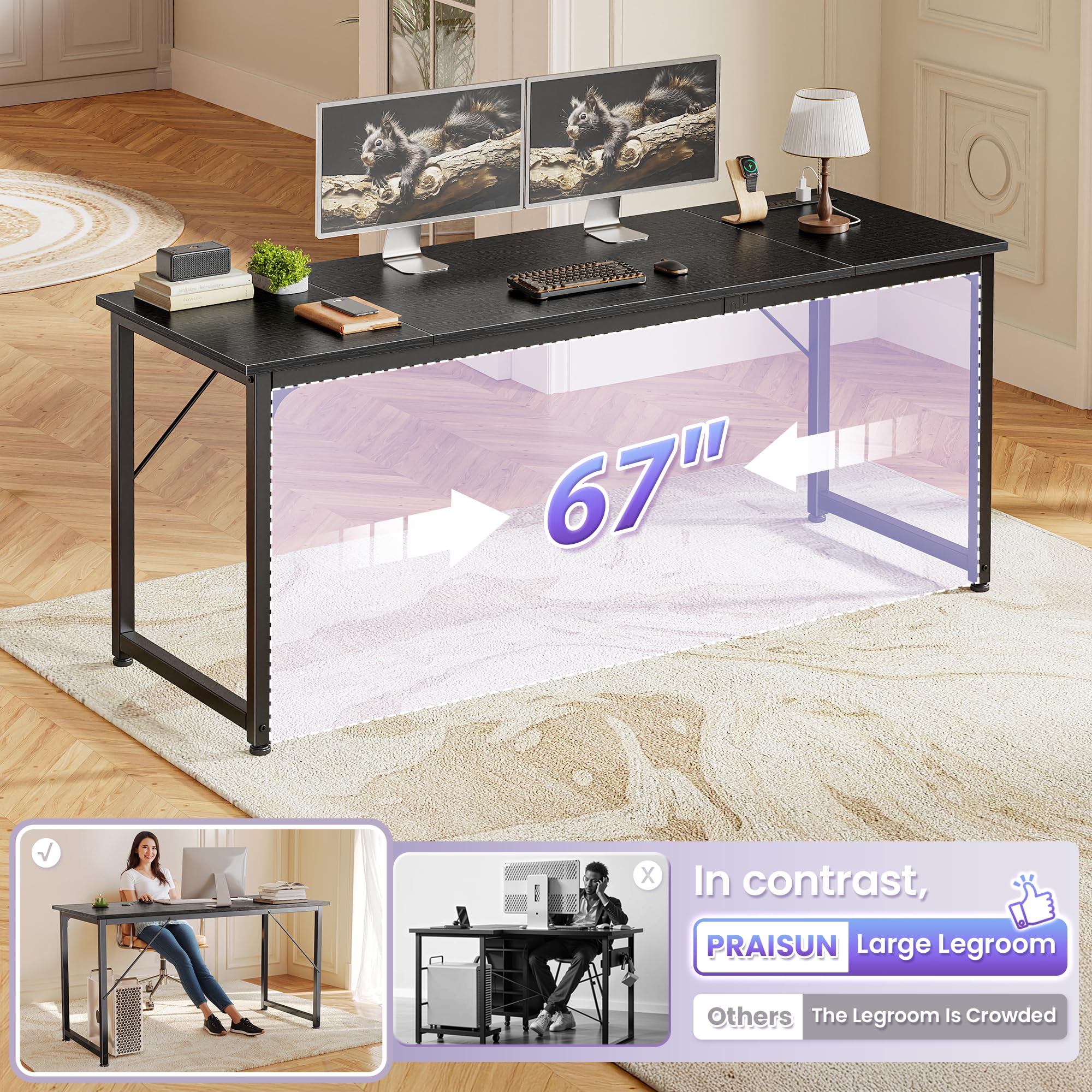 70 X 24 Inch Office Computer Desk with Power Outlets and USB-C Port, Larger and Longer Gaming Desk, for Home Office, Study, Writing Work from Home Table, Metal Frame, Black