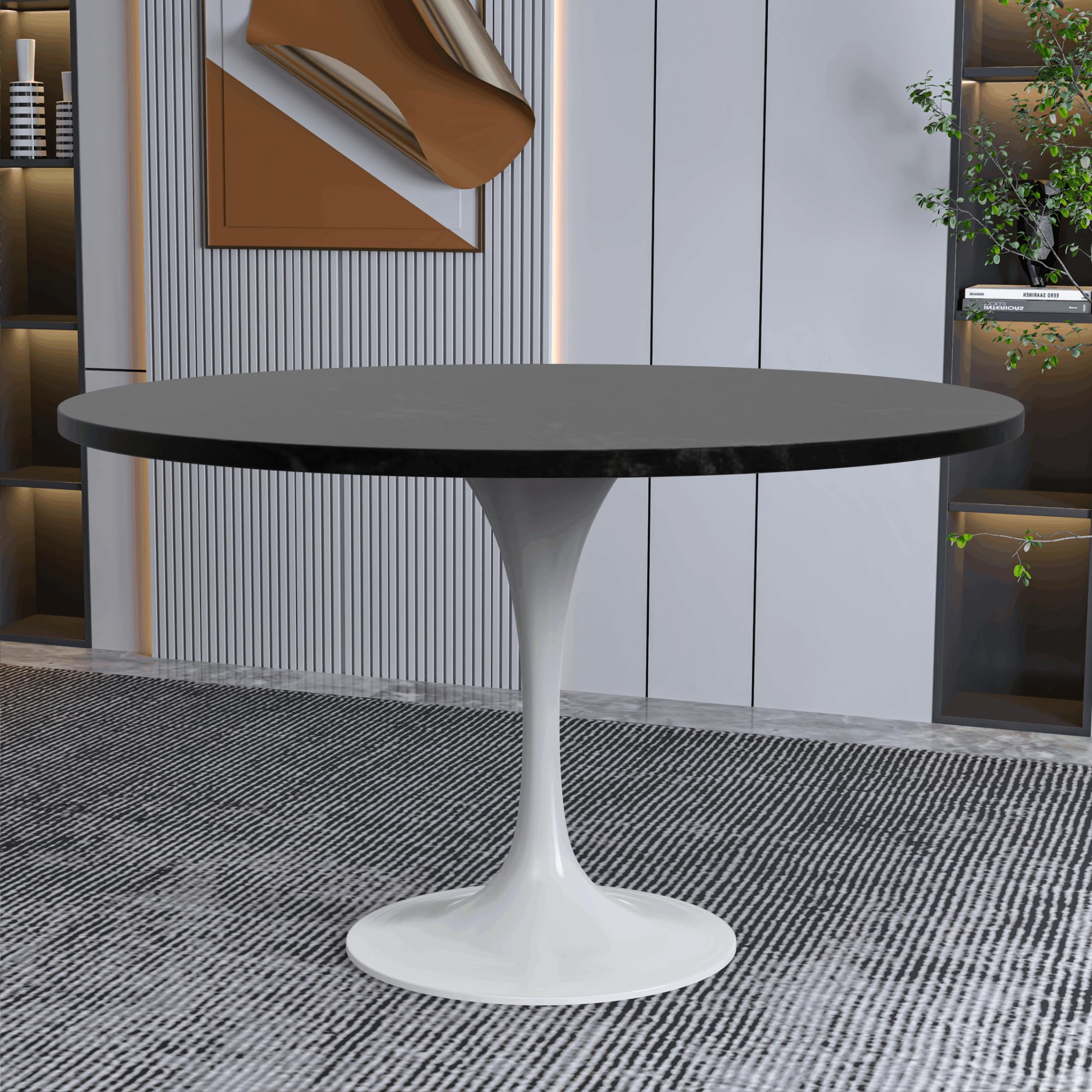 Verve Mid-Century Modern 48 Inch Round Dining Table, MDF Wood Tabletop with White Steel Pedestal Base, Large Pedestal Kitchen & Dining Room Table, Breakfast Nook Table (Black)