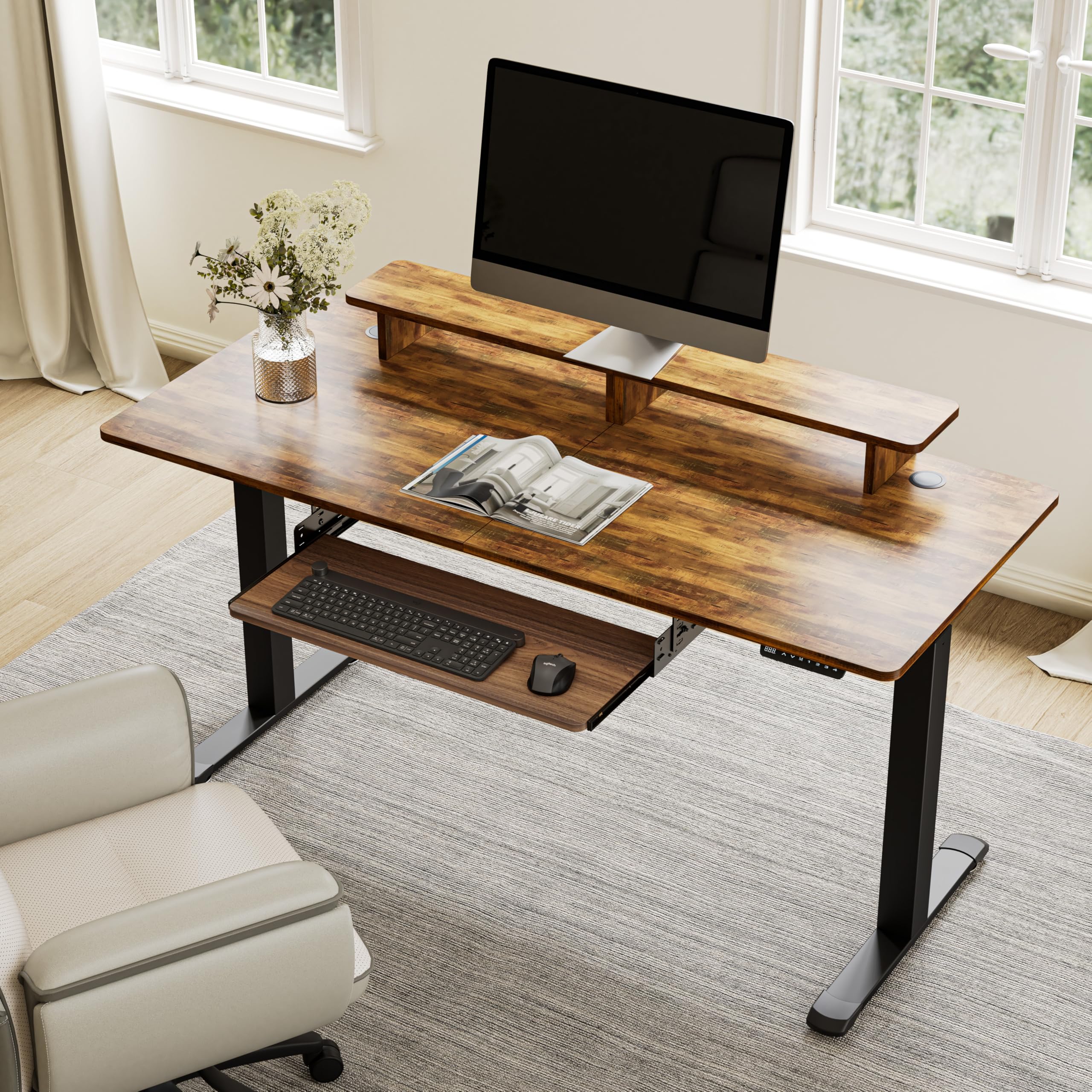 Adjustable Keyboard Tray Under Desk, 28x11 Inch Large Slide Out Keyboard & Mouse Platform Tray, Wooden Pull Out Computer Keyboard Drawer for Typing Home Office Desk, Walnut