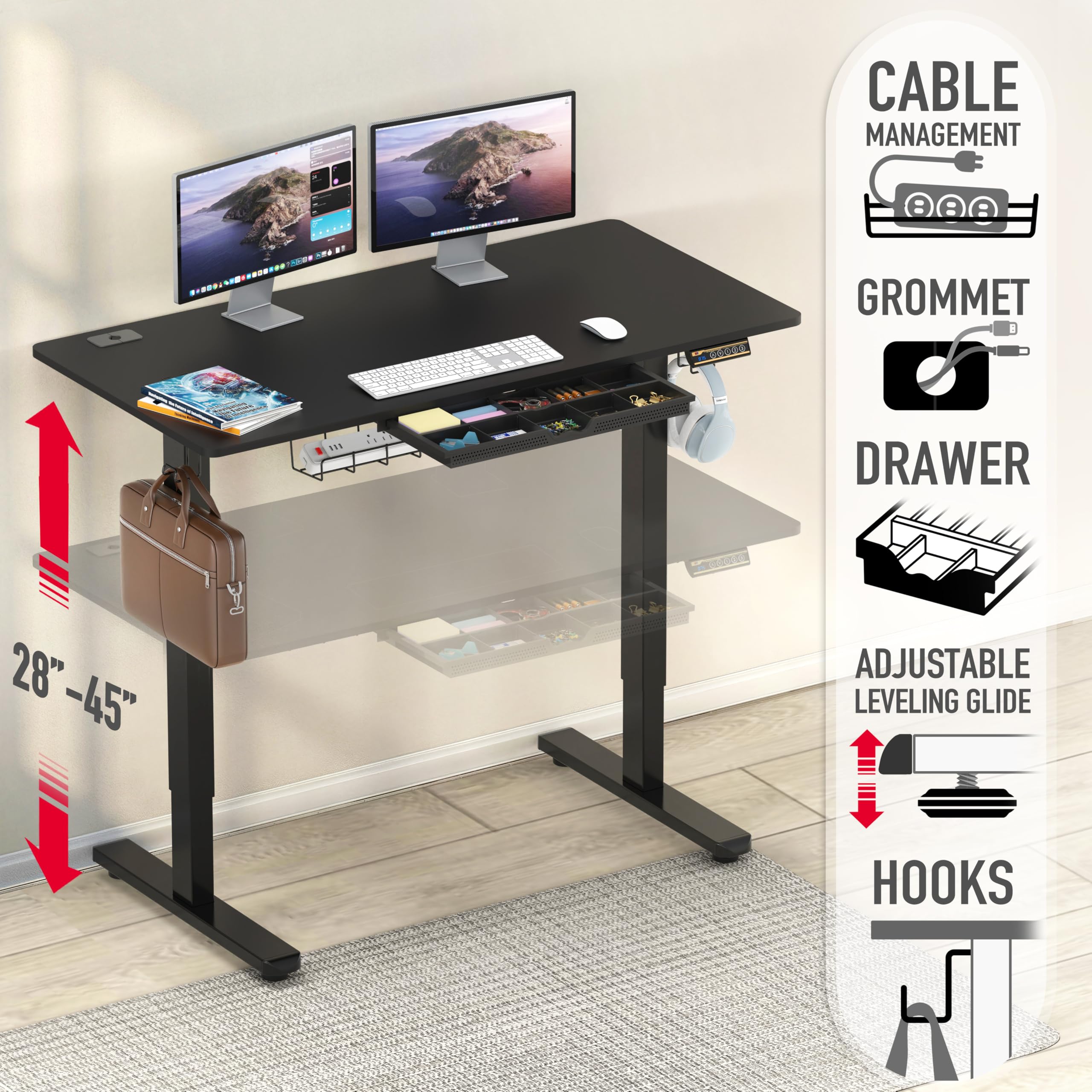 48-Inch Electric Height Adjustable Standing Desk with Drawer, Memory Preset and Cable Management Tray, Black