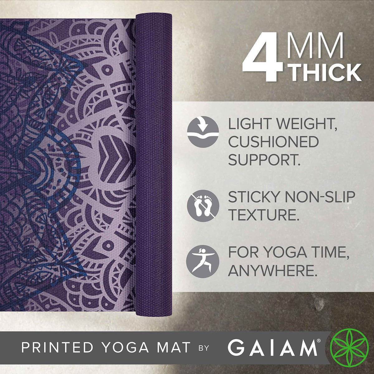Yoga Mat Classic Print, 4mm Non-Slip Mat (Purple Lattice)