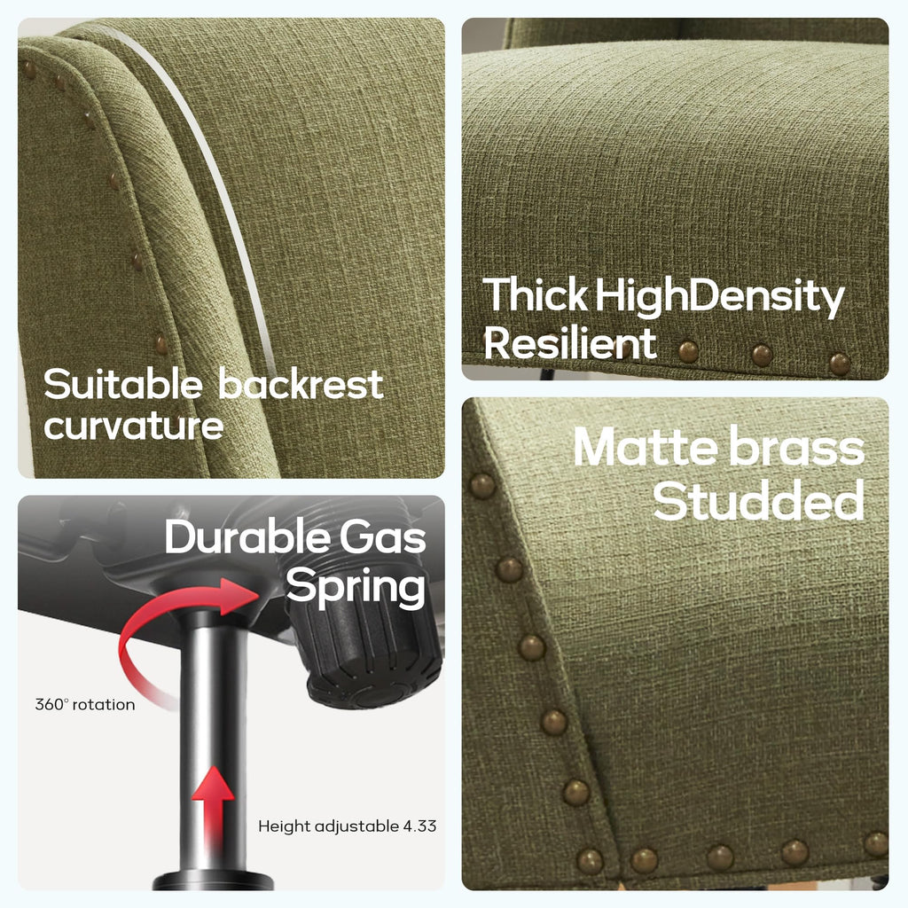 Upholstered Armless Office Chair with Wooden Legs, Modern Adjustable Home Office Desk Chair Computer Chair Swivel Chair for Home Office Study Studio (Green)