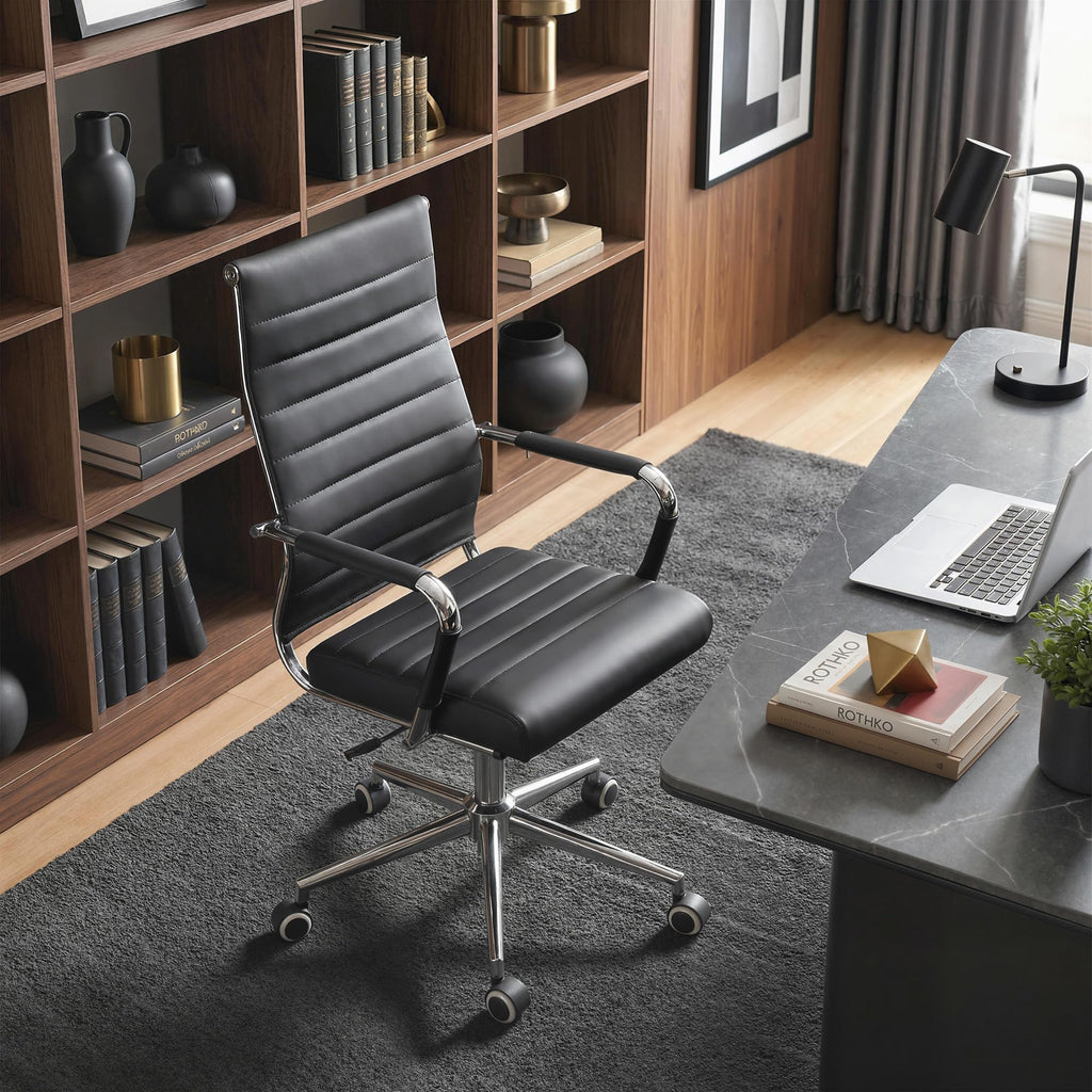 Office Desk Chair, Ergonomic Leather Modern Conference Room Chairs, Executive Ribbed Height Adjustable Swivel Rolling Chair for Home Office. (Black)