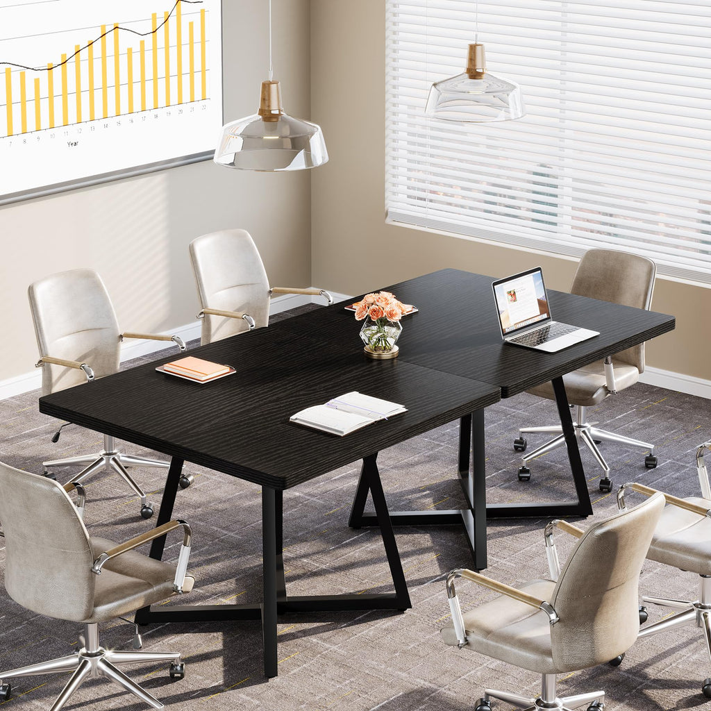 31.5" Square Conference Table Set of 2, 63" Industrial Office Meeting Table for 4-6 People, Business Podcast Furniture with Metal Base for Small Spaces, Office Conference, Vintage Brown