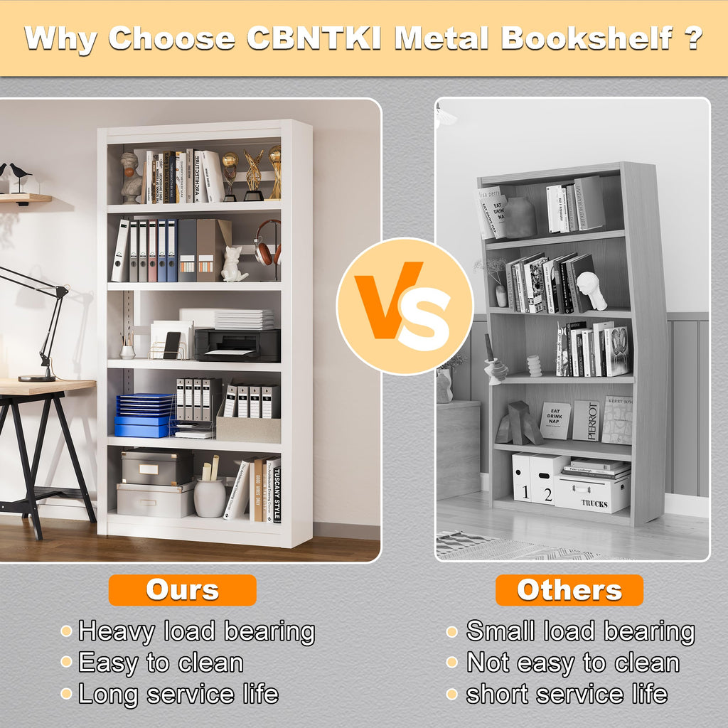 5 Tier Metal Bookcase,69'' Tall Heavy Duty Bookshelf with Open,White Large Adjustable Bookshelves,Sturdy Modern Heavy Duty Display Bookcases for Library,Office,Study Room,Living Room