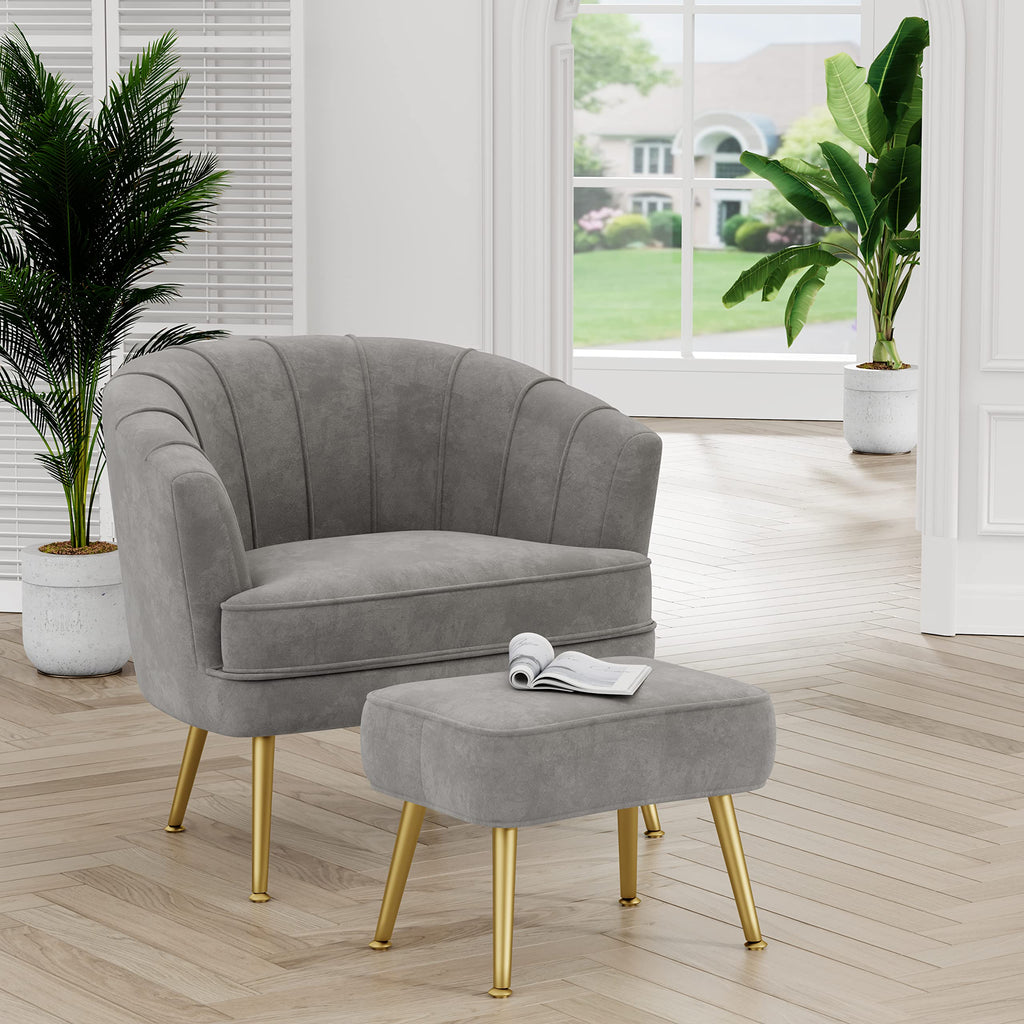 Velvet Accent Chair with Ottoman, Upholstered Modern Single Sofa Side Chair,Comfy Barrel Club Living Room Armchair with Golden Metal Legs for Bedroom Office Living Reading Room , Grey