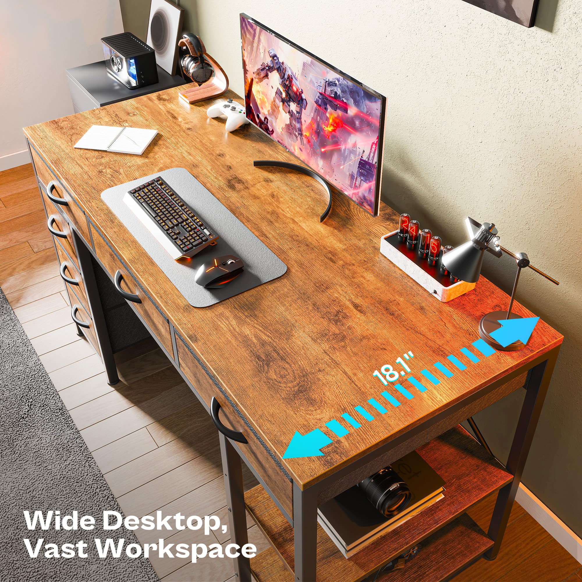 Computer Desk with 6 Drawers, Office Desk with Shelves, Reversible Gaming Desk, Corner Desk with Storage, Work for Home Office, Study, Living Room, 54inch, Rustic Brown