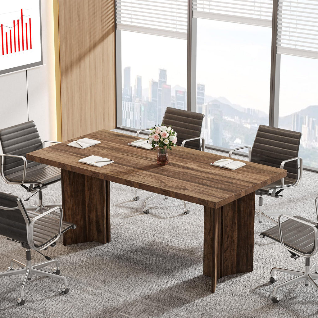 5.5FT Conference Table, 63-inch Rectangle Meeting Seminar Table, Large Wooden Business Tables for 4-6 People, Heavy Duty Pedestal (Dark Brown)