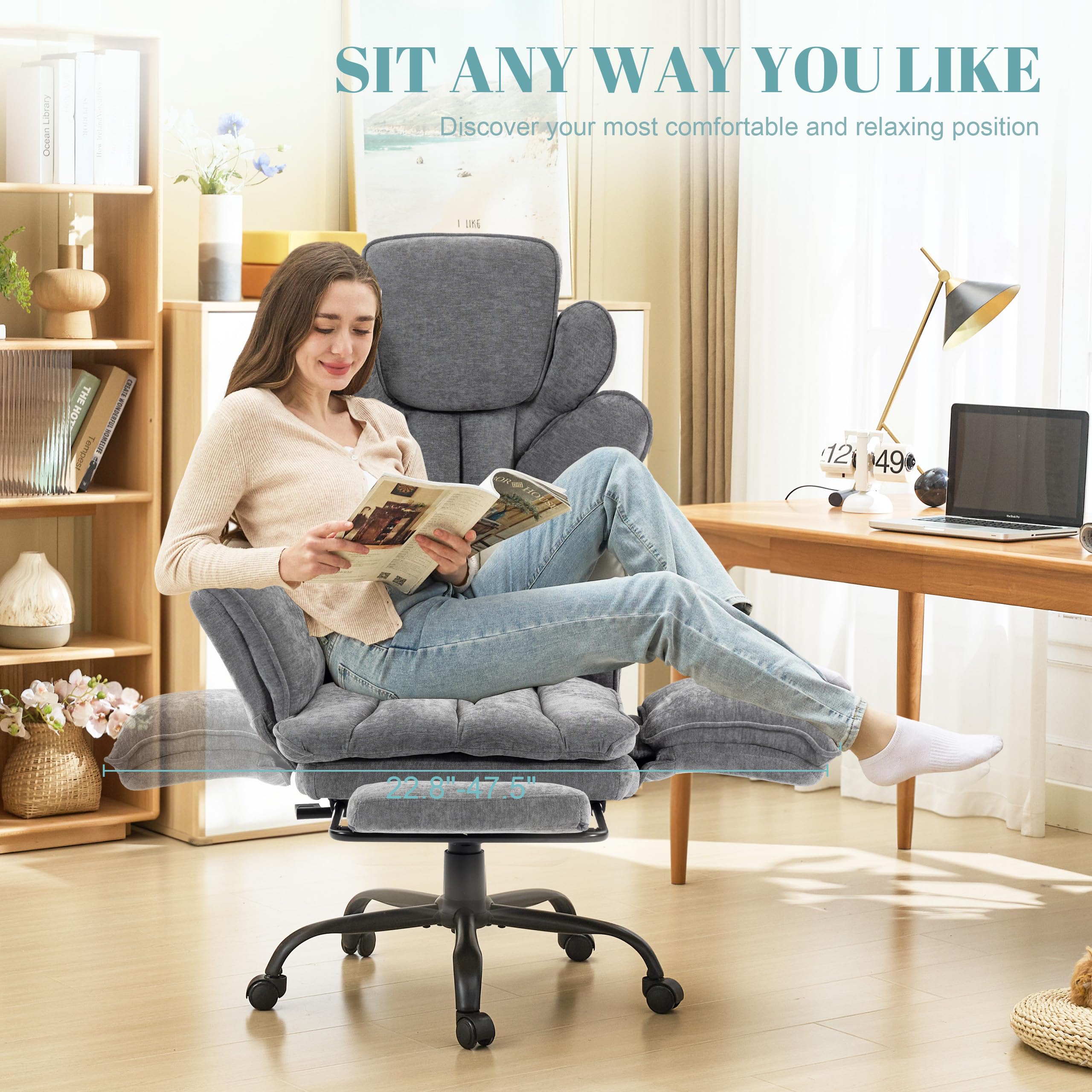 Flip Armrests Criss Cross Office Chair, Reclining Office Chair with Foot Rest, Adjustable Headrest, Massage Waist Pillow, Cross Legged Big and Tall Desk Chair Wide Seat Vanity Chair, Fabric Grey